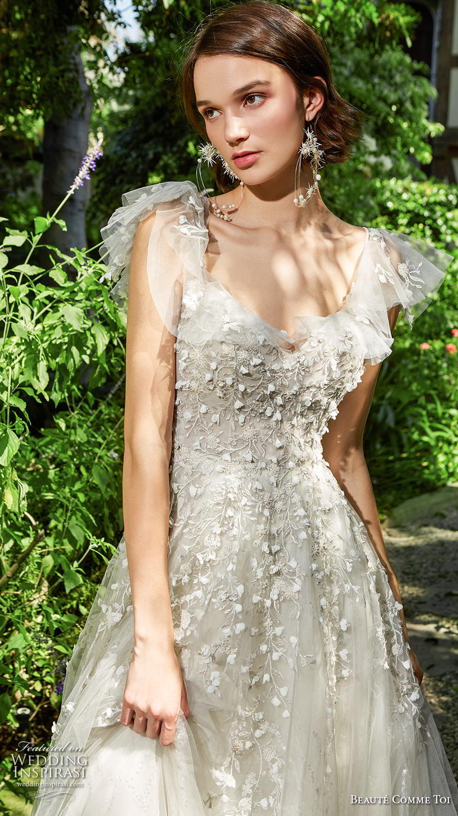 beaute comme toi f2020 bridal butterfly cap sleeves v neck heavily embellished bodice romantic pretty a  line wedding dress mid back (viola) zv