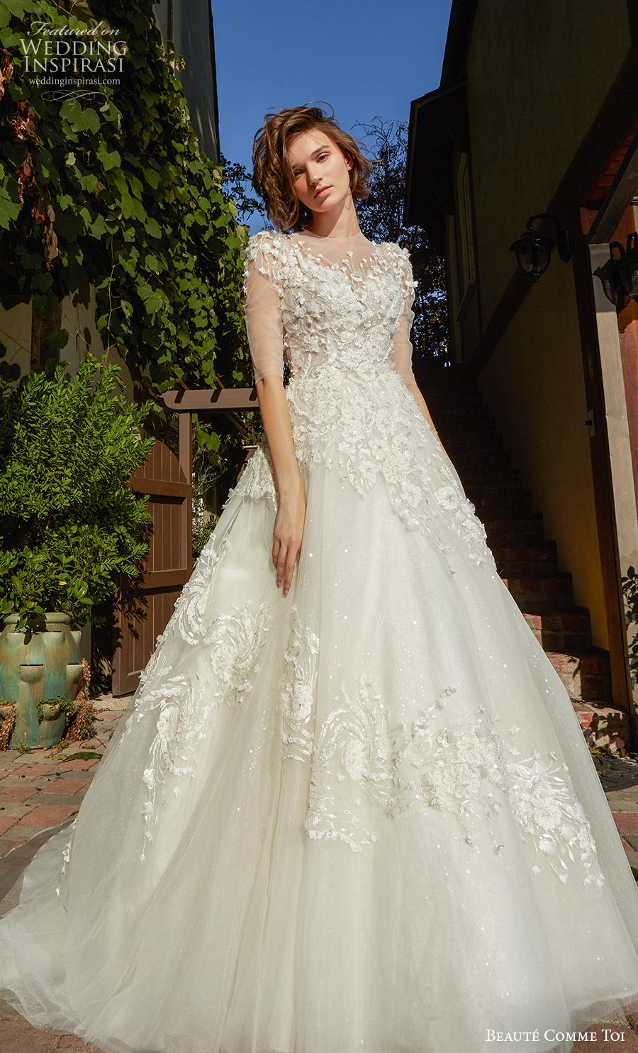 beaute comme toi f2020 bridal half sleeves illusion jewel sweetheart neckline heavily embellished bodice romantic a  line wedding dress sheer button back chapel train (avivi) mv