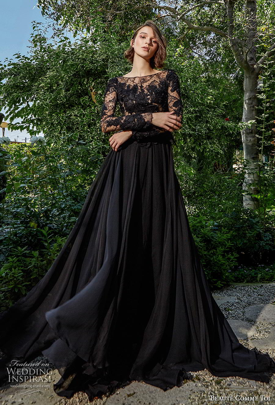 beaute comme toi f2020 bridal long sleeves bateau neckline heavily embellished bodice elegant black a  line weddig dress (meredith) mv 