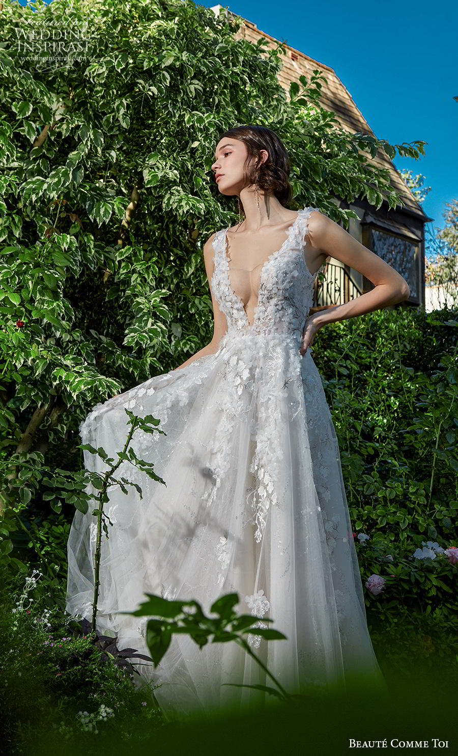 beaute comme toi f2020 bridal sleeveless embroidered strap deep plunging v neck heavily embellished bodice romantic sexy a  line wedding dress square back chapel train (jocelyn) mv 