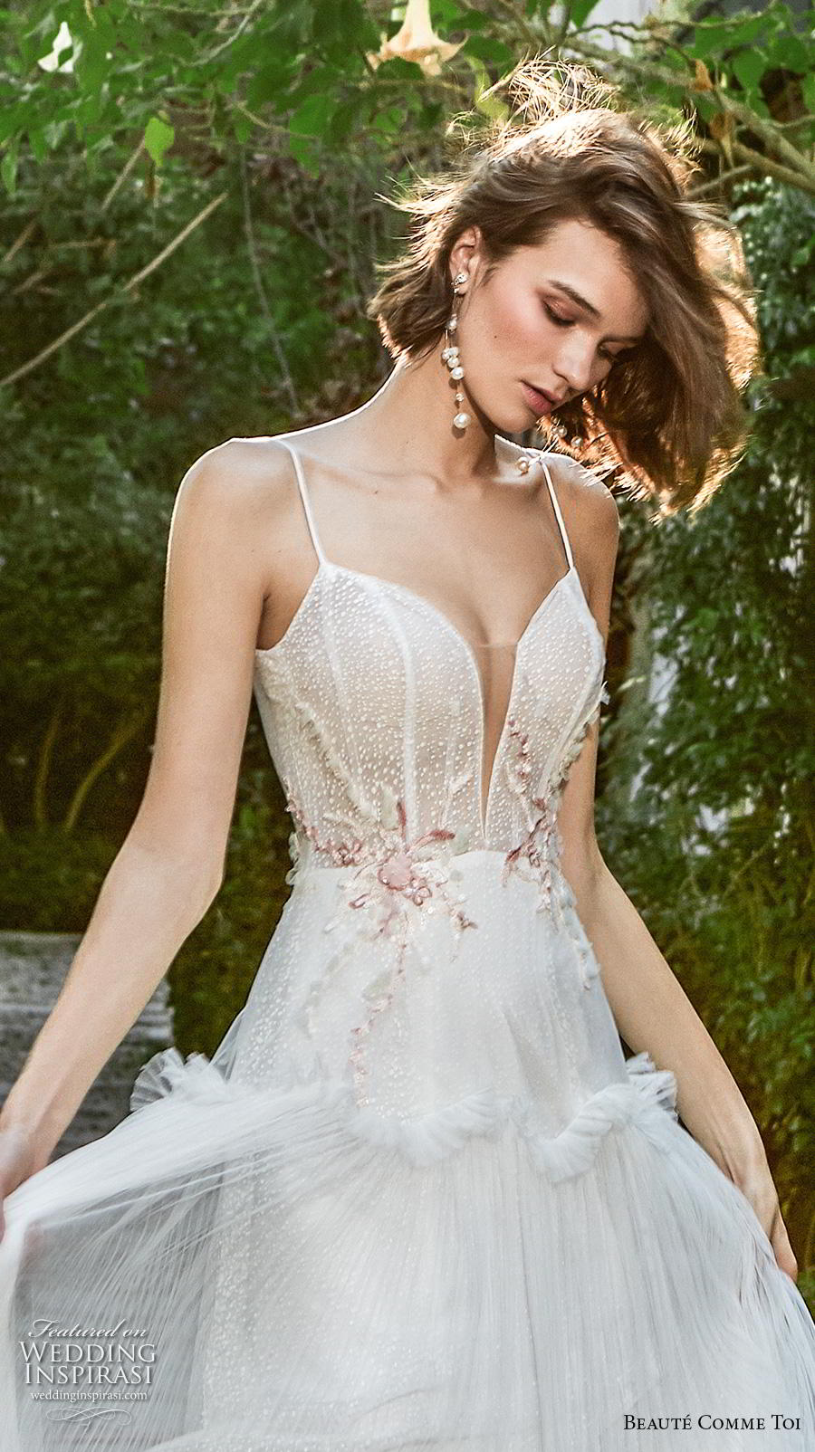 beaute comme toi f2020 bridal sleeveless spaghetti strap deep sweetheart neckline heavily embellished bodice simple romantic sexy soft a  line wedding dress mid back sweep train (ellie) zv 