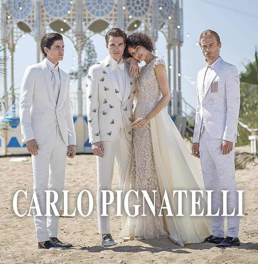 carlo pignatelli 2020 bridal cap sleeve fully embellished sheath gown ball gown overskirt menswear white tuxedo suit white bridal party (2) mv