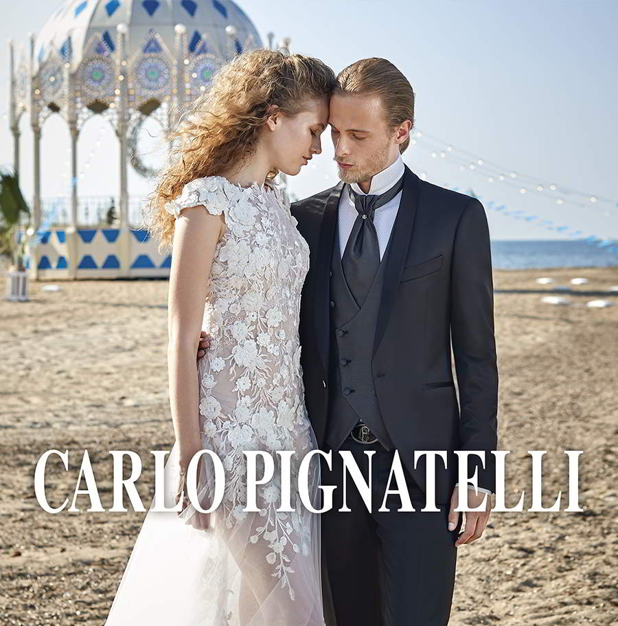 carlo pignatelli 2020 bridal cap sleeves bateau neckline embellished bodice a line wedding gown menswear black tuxedo suit (8) mv
