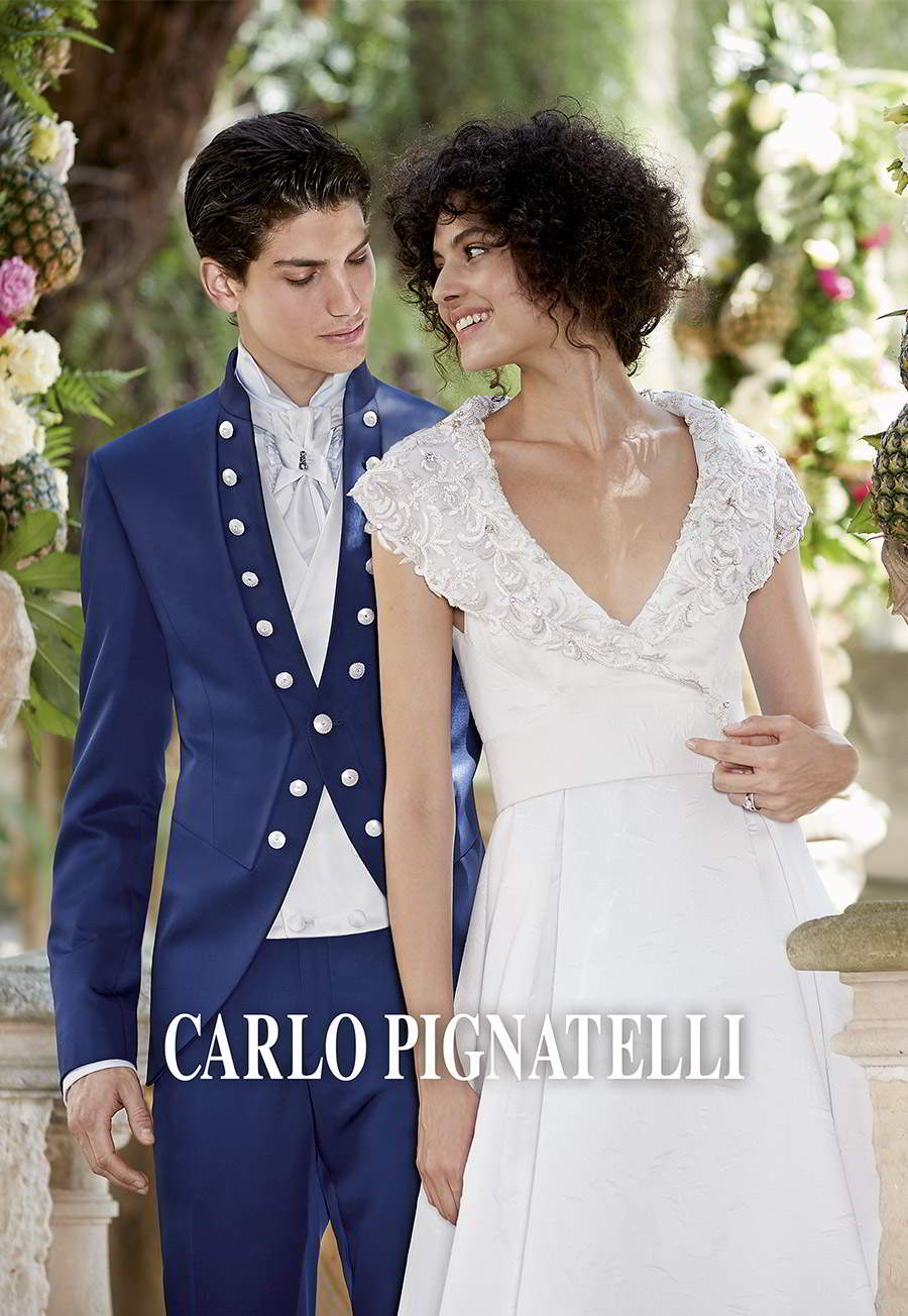 carlo pignatelli 2020 bridal cap sleeves surplice collar wedding gown menswear blue tuxedo suit (6) mv