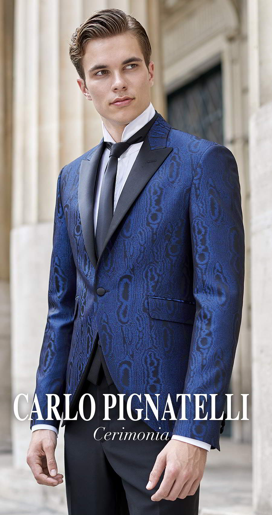 carlo pignatelli 2020 bridal cerimonia menswear blue print tuxedo suit tie contrast collar (12) mv
