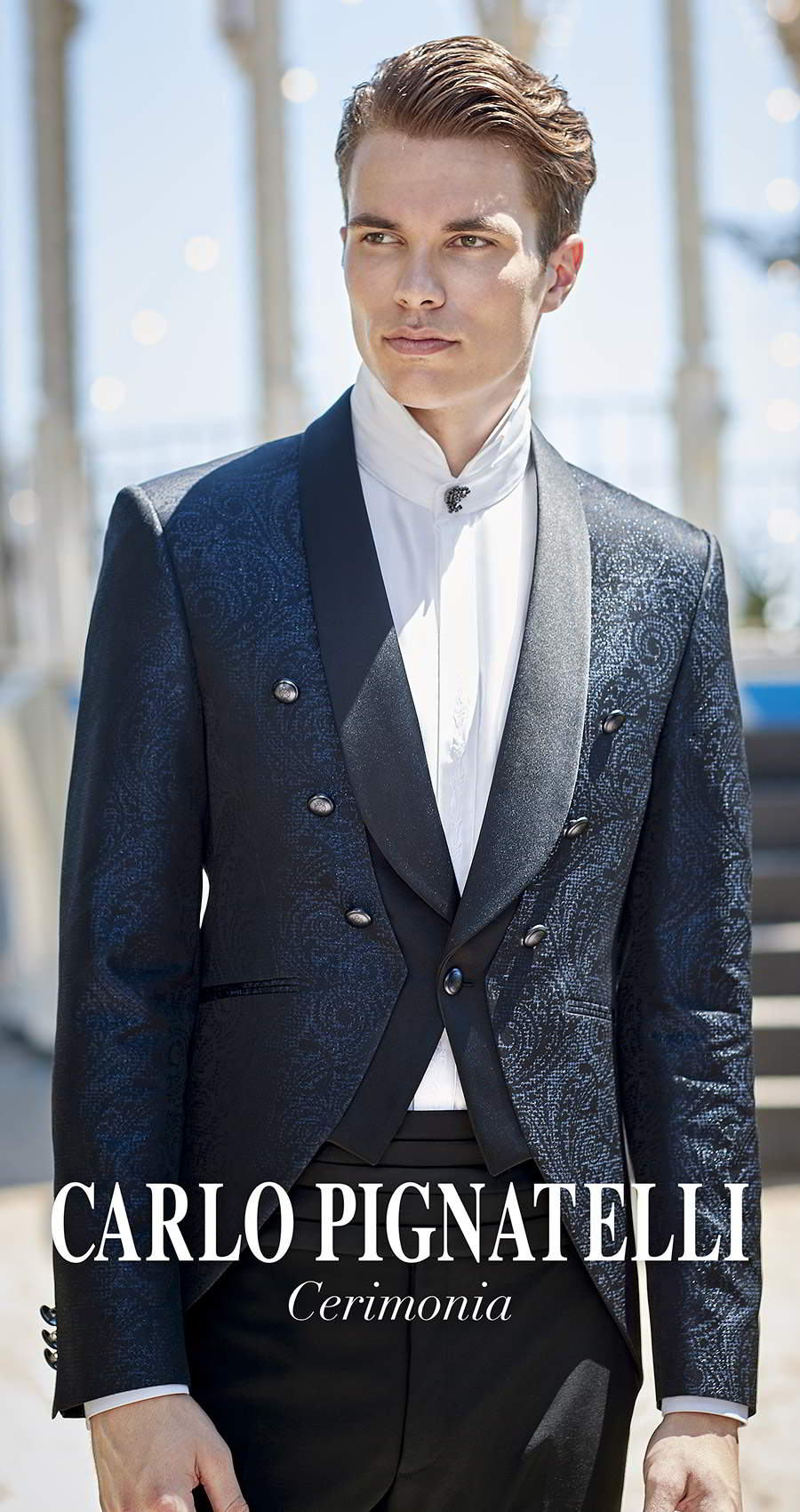 carlo pignatelli 2020 bridal cerimonia menswear navy dark blue print tuxedo lapel high collar shirt (15) mv