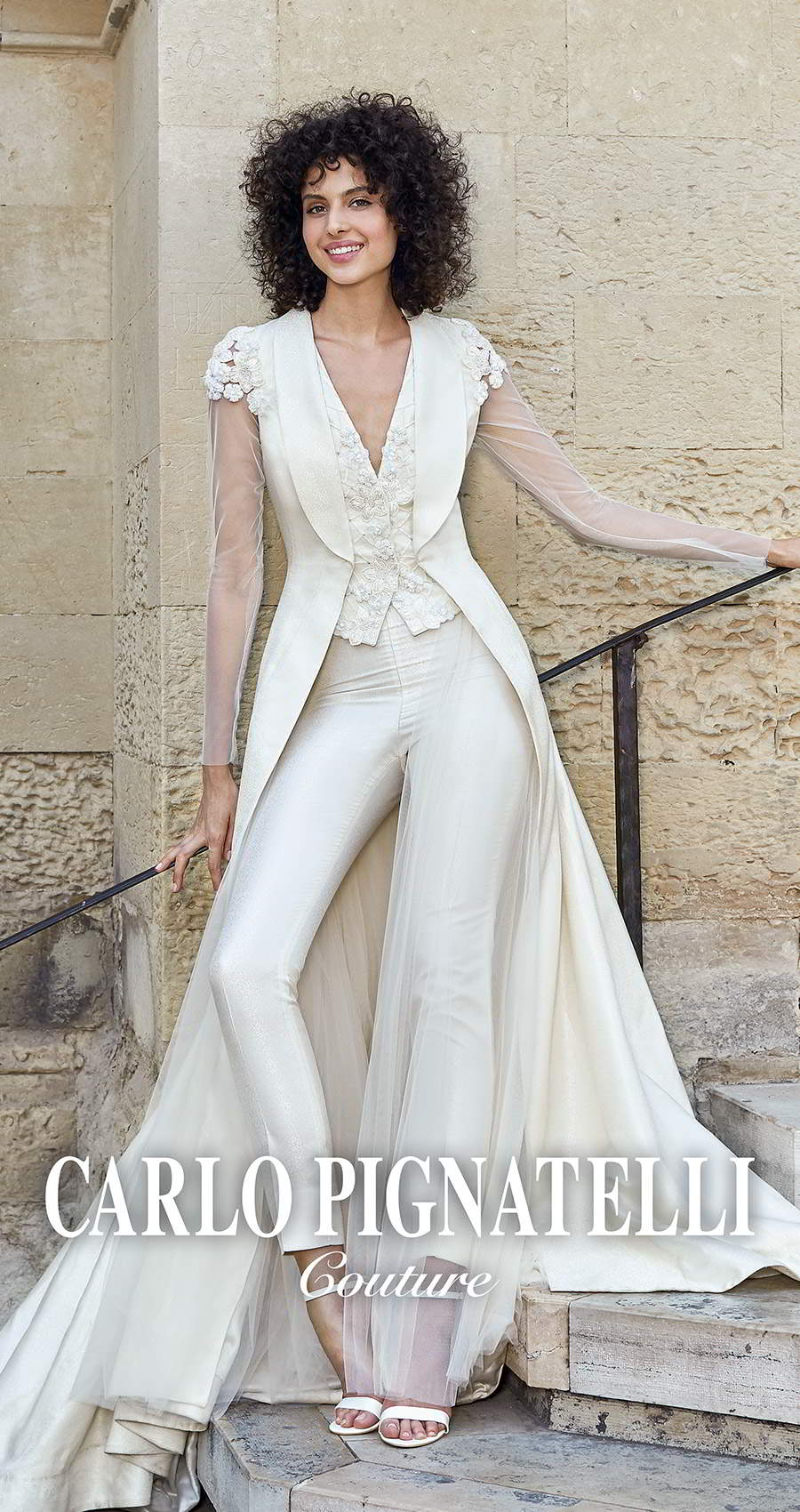 carlo pignatelli 2020 bridal couture illusion long sleeves bridal coat v neckline pant suit (35) mv