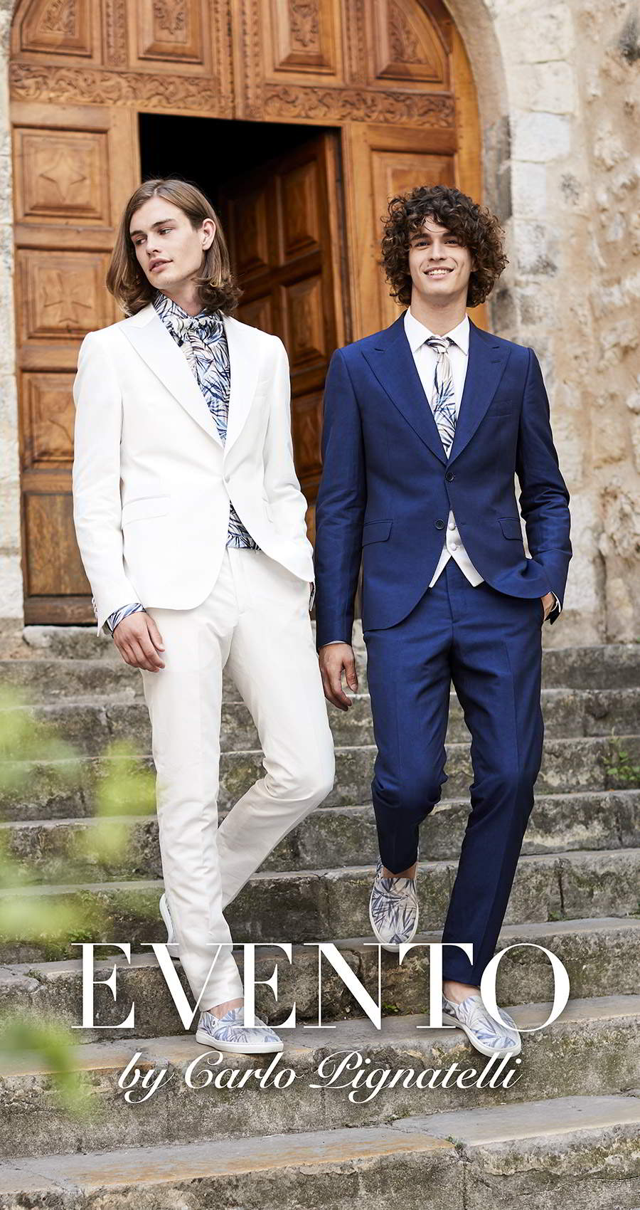 carlo pignatelli 2020 bridal evento menswear light white cream dark blue summer tuxedo suit casual print tie shirt (23) mv