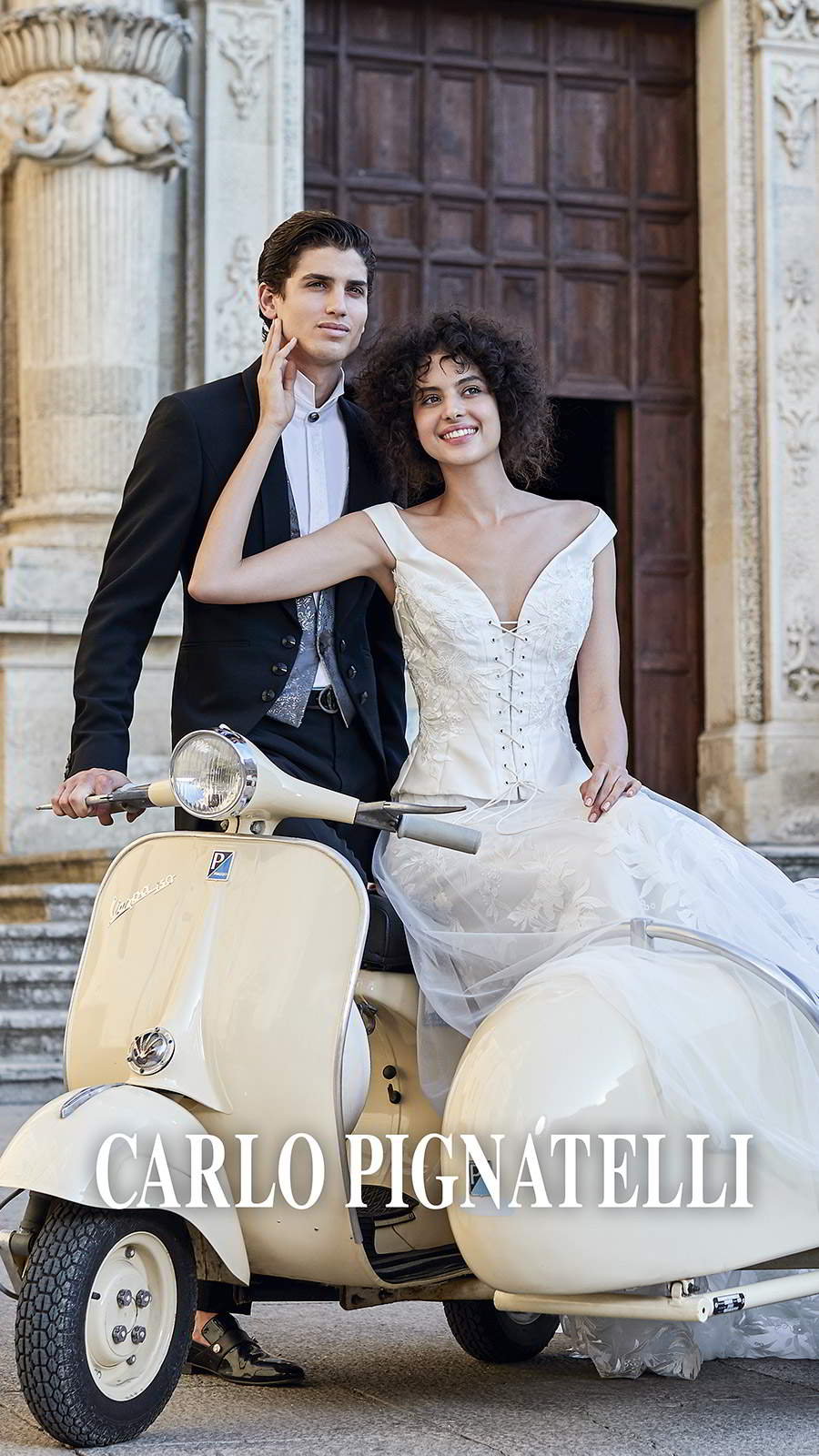 carlo pignatelli 2020 bridal off shoulder sweetheart wedding gown menswear black tuxedo suit (3) mv