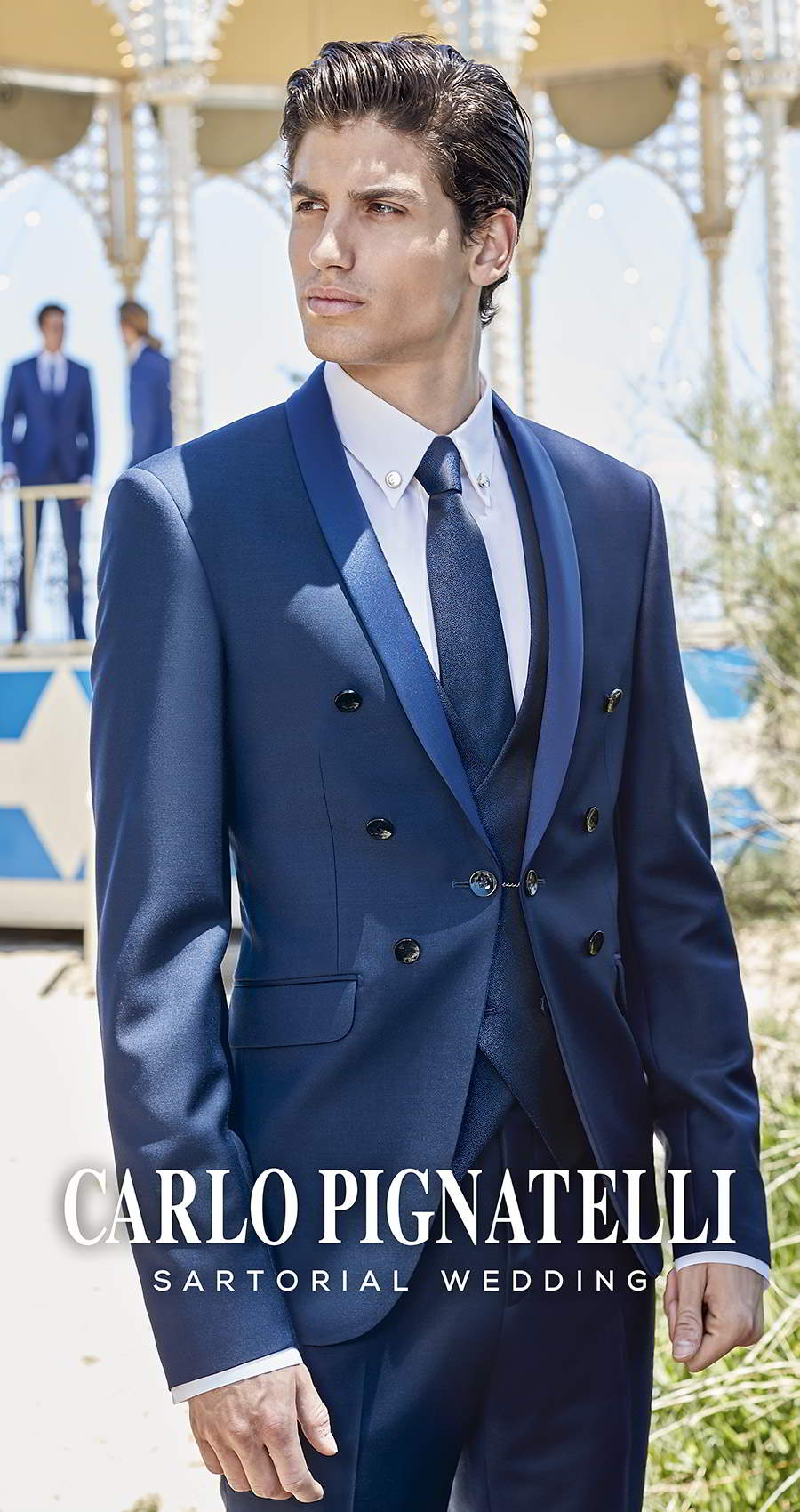 carlo pignatelli 2020 bridal sartorial wedding menswear blue lined lapel tuxedo suit white button down collar shirt blue tie (31) mv