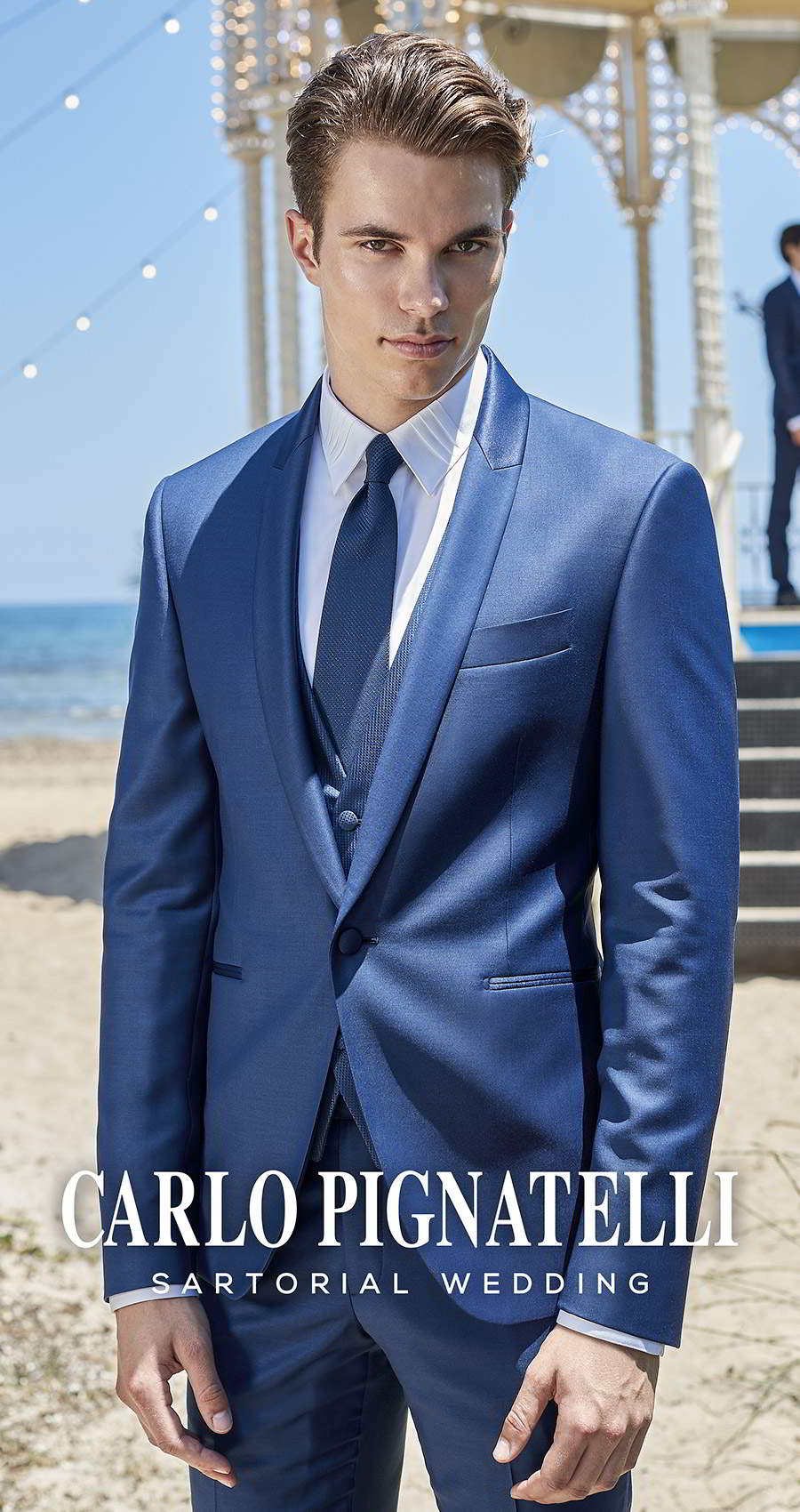 carlo pignatelli 2020 bridal sartorial wedding menswear blue suit lined lapel white fold down collar shirt blue tie (29) mv