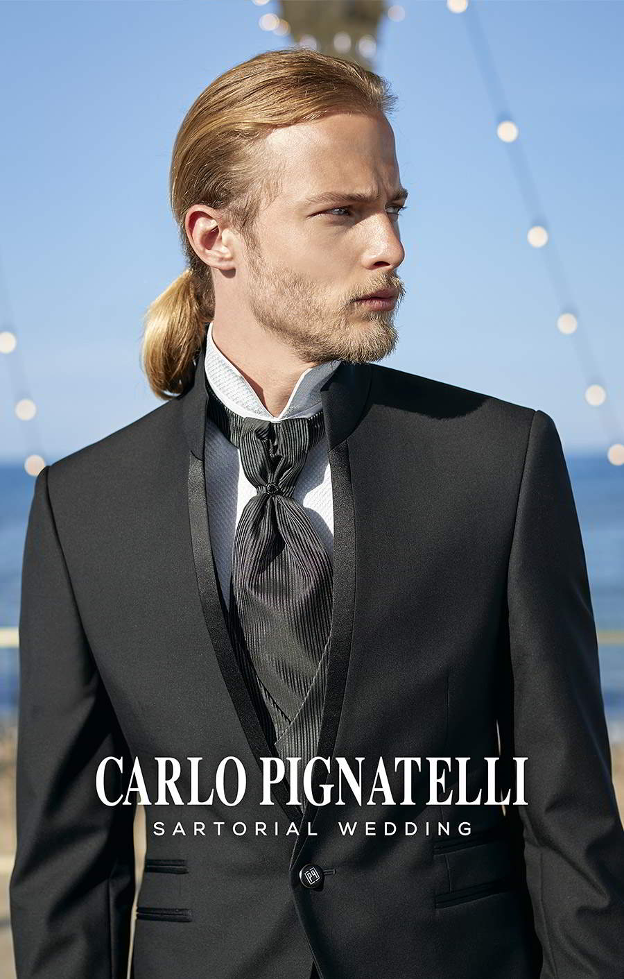 carlo pignatelli 2020 bridal sartorial wedding menswear modern designer black tuxedo suit skinny lapel mao collar mandarin nehru stand collar shirt stripe cravat tie (30) mv