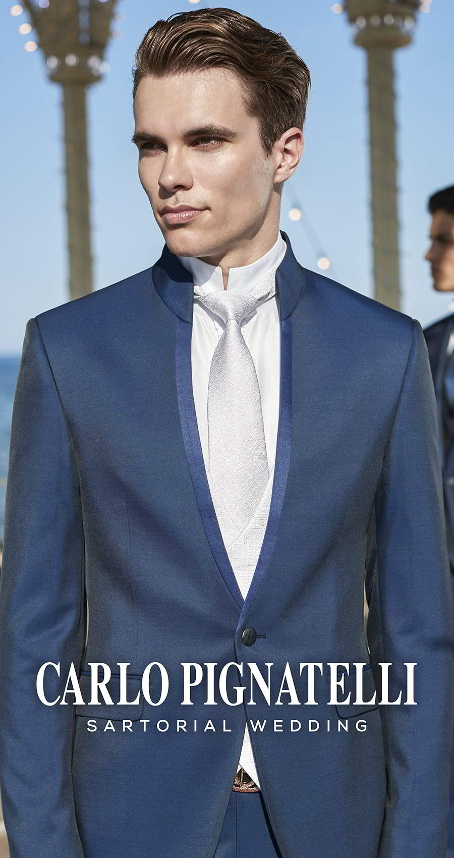 carlo pignatelli 2020 bridal sartorial wedding menswear modern designer blue tuxedo suit skinny lapel mao collar mandarin nehru stand collar white shirt silver tie (32) mv