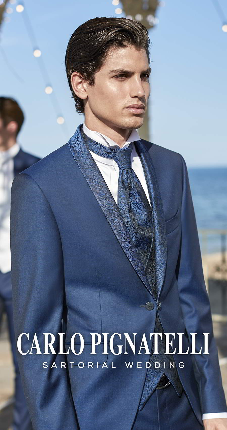 carlo pignatelli 2020 bridal sartorial wedding menswear patterned print lapel blue tuxedo shirt white wing collar shirt blue patterned tie (29) mv
