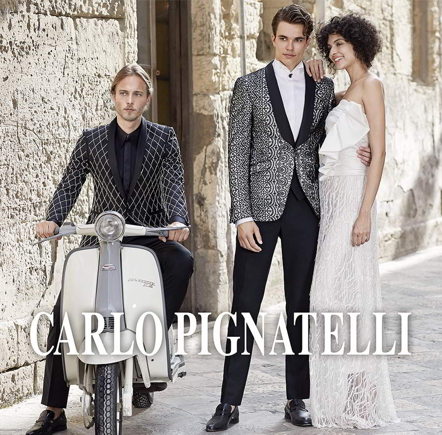 carlo pignatelli 2020 bridal strapless embellished wedding gown menswear black white tuxedo suits (5) mv