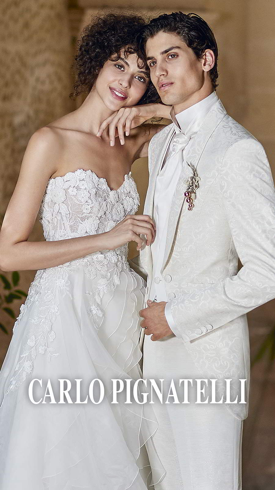 carlo pignatelli 2020 bridal strapless sweetheart heavily embellished bodice ball gown menswear white tuxedo suit (1) mv