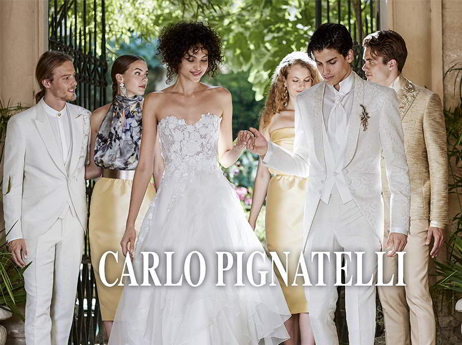 carlo pignatelli 2020 bridal strapless sweetheart heavily embellished bodice ball gown menswear white tuxedo suit yellow bridal party (1) mv