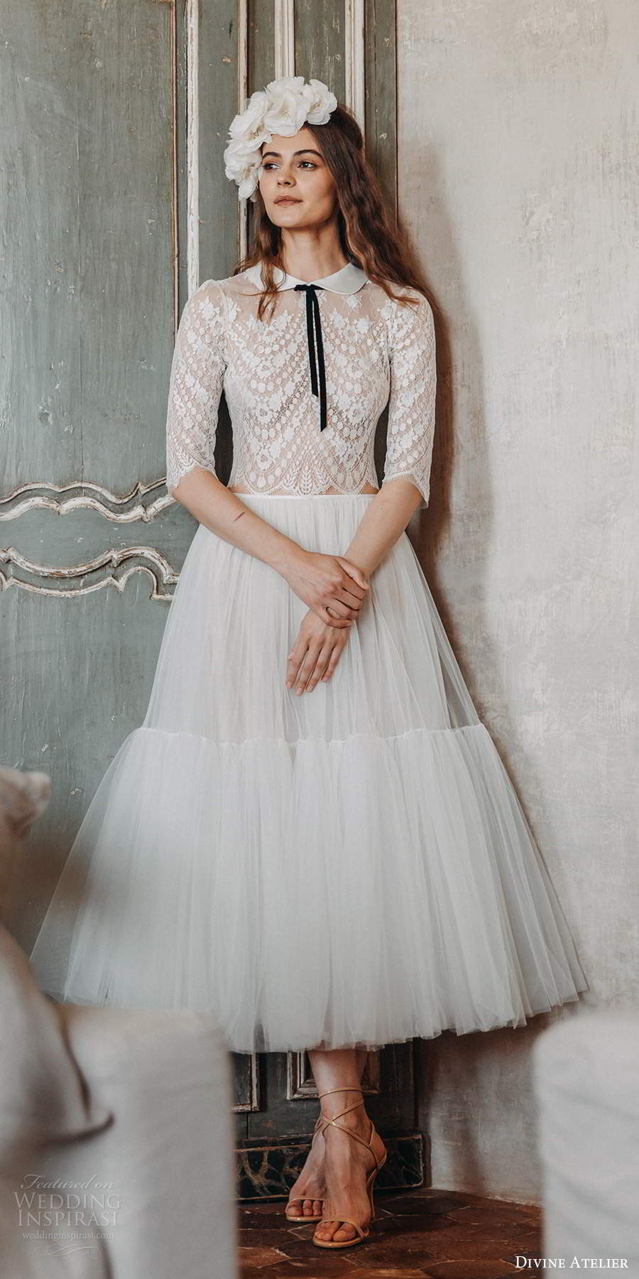 divine atelier 2020 bridal 3 quarter sleeves collar neckline sheer lace bodice a line tea length wedding dress (14) mv