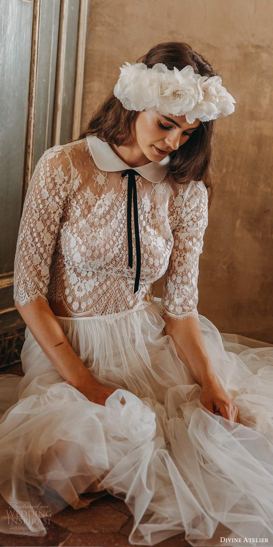divine atelier 2020 bridal 3 quarter sleeves collar neckline sheer lace bodice a line tea length wedding dress (14) zv