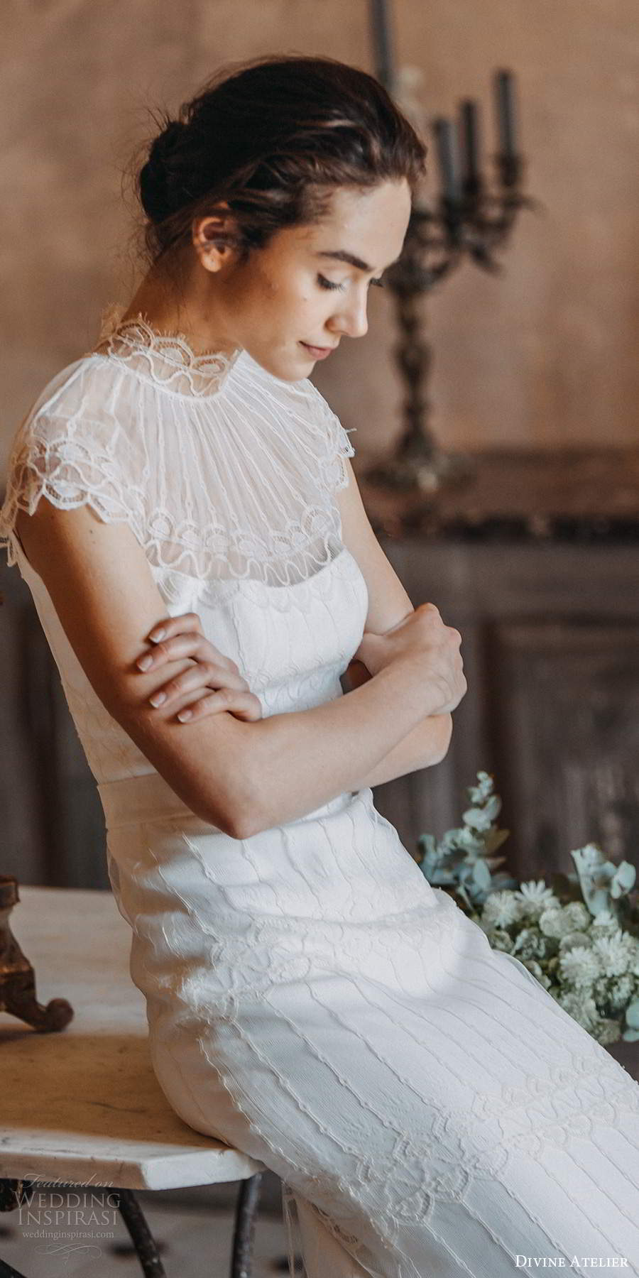divine atelier 2020 bridal cap sleeves high neck sheer ruched bodice boho romantic elegant sheath wedding dress (17) zv