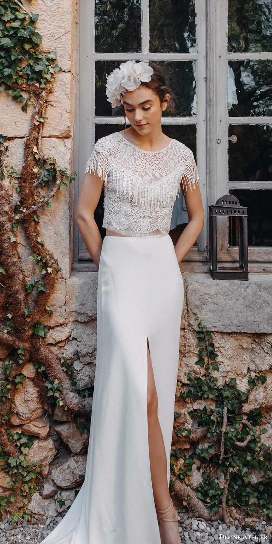 divine atelier 2020 bridal cap sleeves jewel neckline heavily embellished bodice clean slit skirt sheath 2 piece wedding dress (11) mv