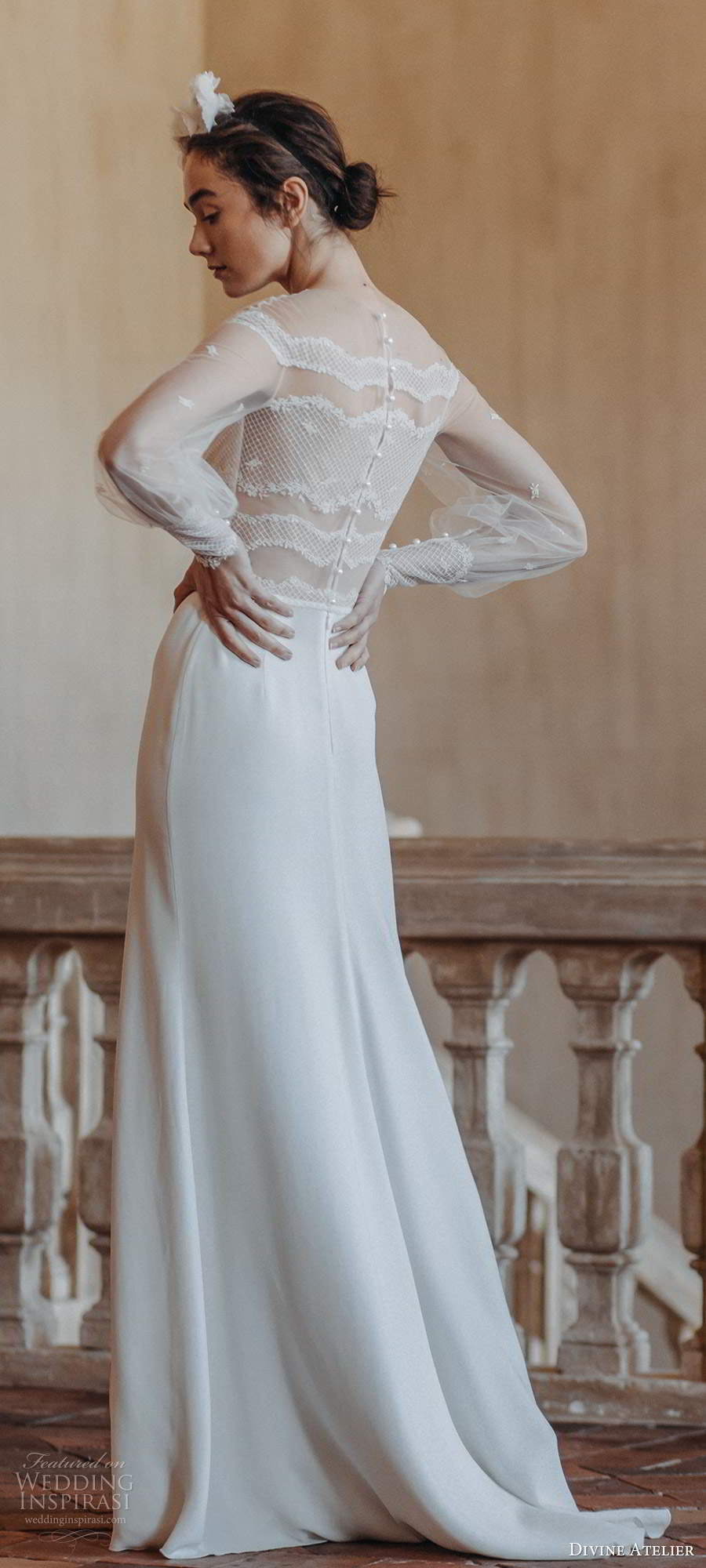 divine atelier 2020 bridal illusion bishop long sleeves jewel neckline sheer bodice a line wedding dress slit skirt sheer back sweep train (6) bv