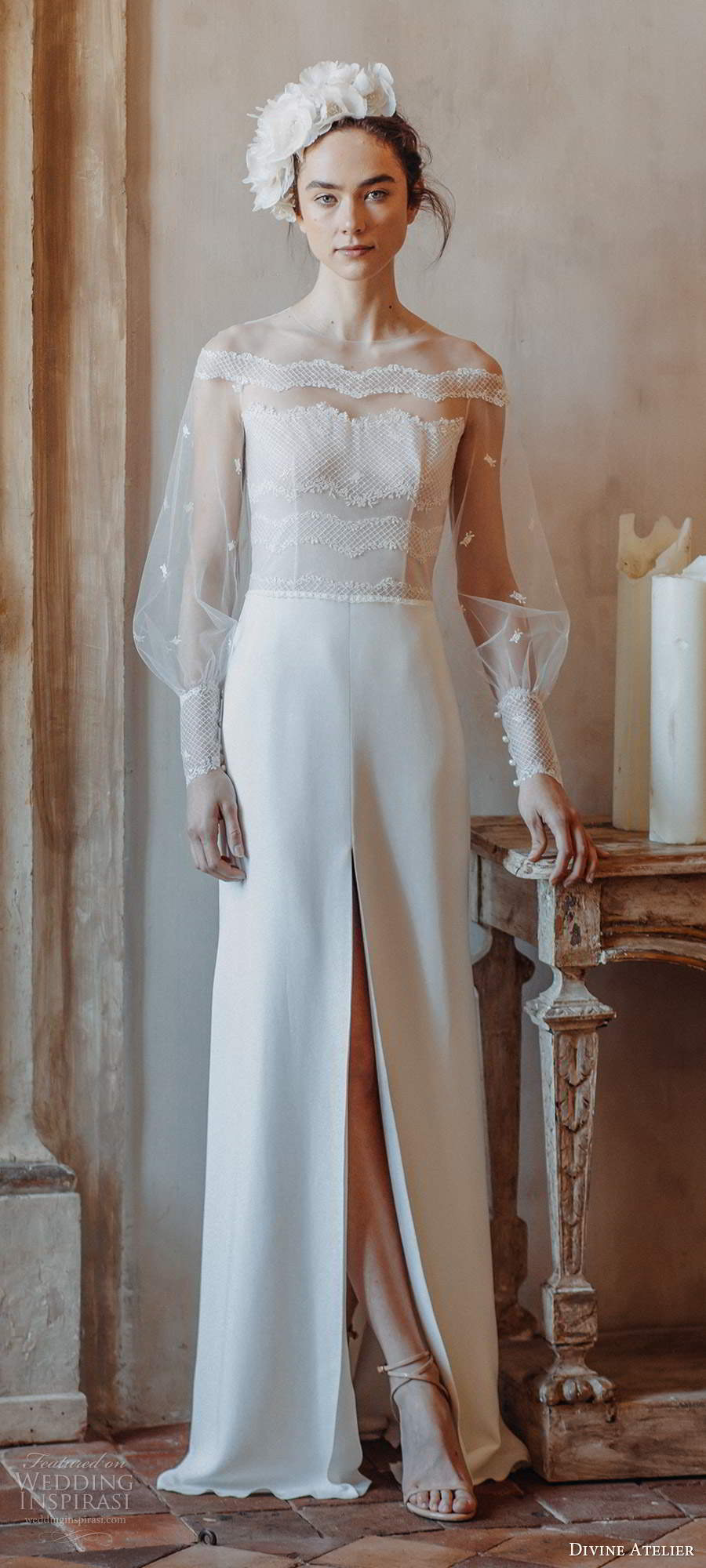 divine atelier 2020 bridal illusion bishop long sleeves jewel neckline sheer bodice a line wedding dress slit skirt sheer back sweep train (6) mv