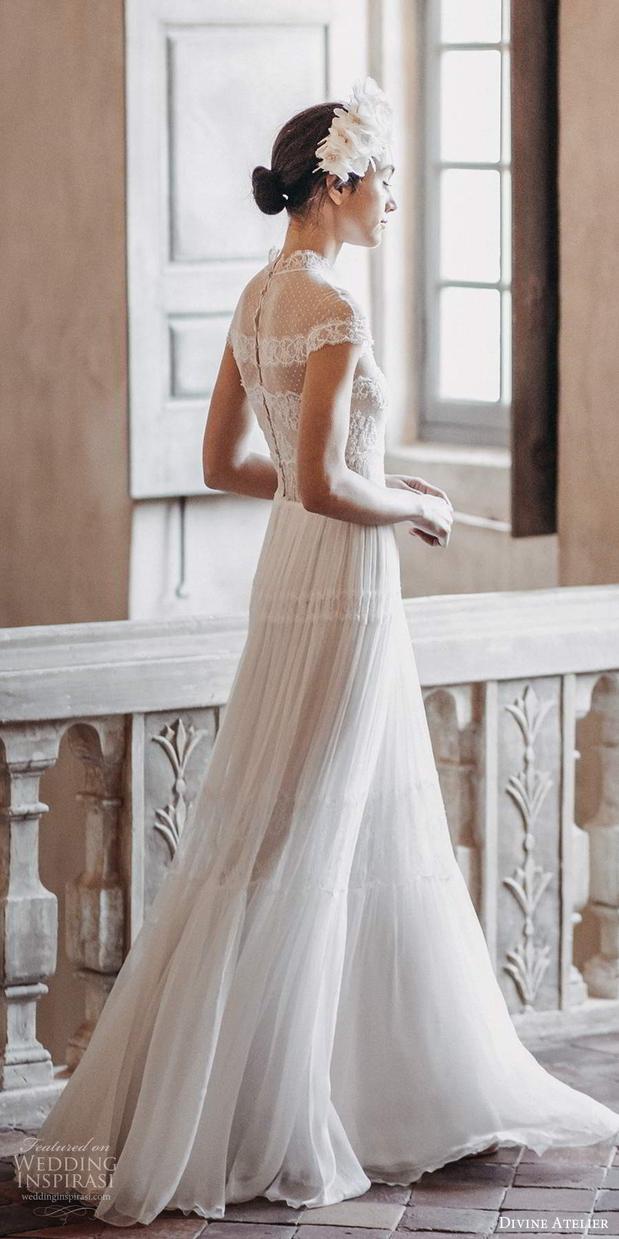 divine atelier 2020 bridal illusion cap sleeves high neckline sheer bodice pleated skirt soft a line wedding dress sheer back (2) sv