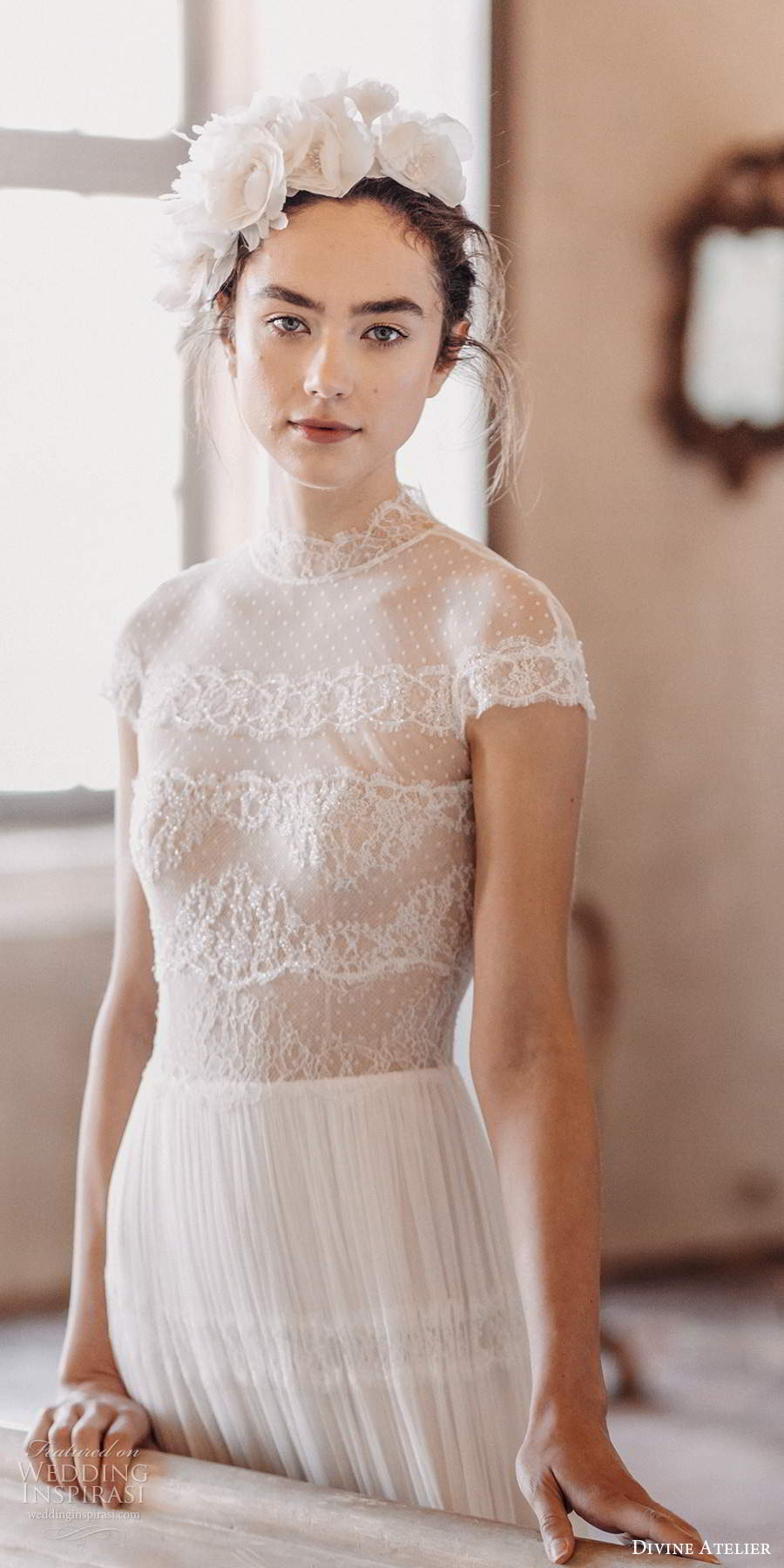 divine atelier 2020 bridal illusion cap sleeves high neckline sheer bodice pleated skirt soft a line wedding dress sheer back (2) zv