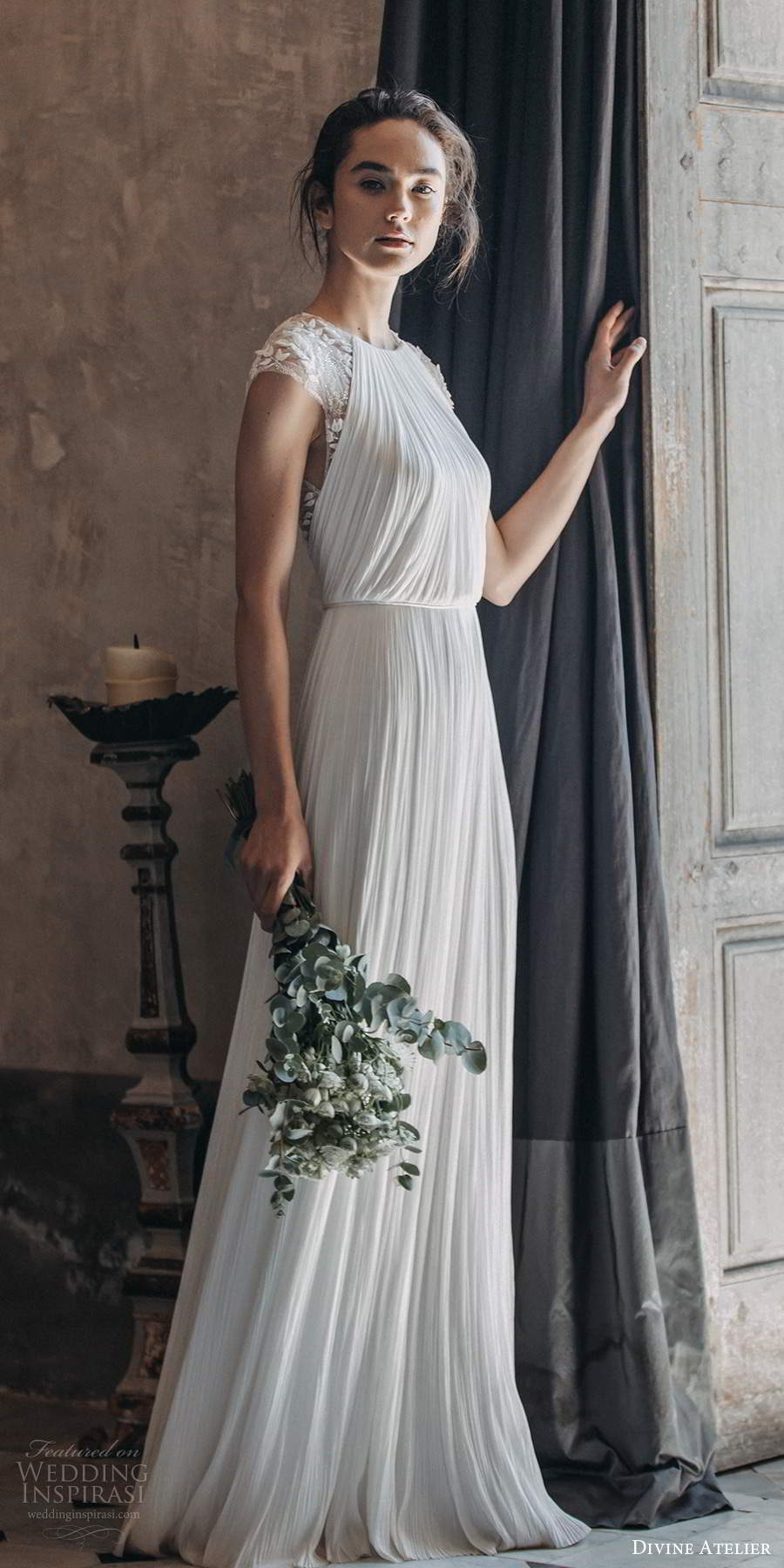 divine atelier 2020 bridal illusion cap sleeves jewel neckline ruched blouson bodice boho a line wedding dress illusion back (13) mv