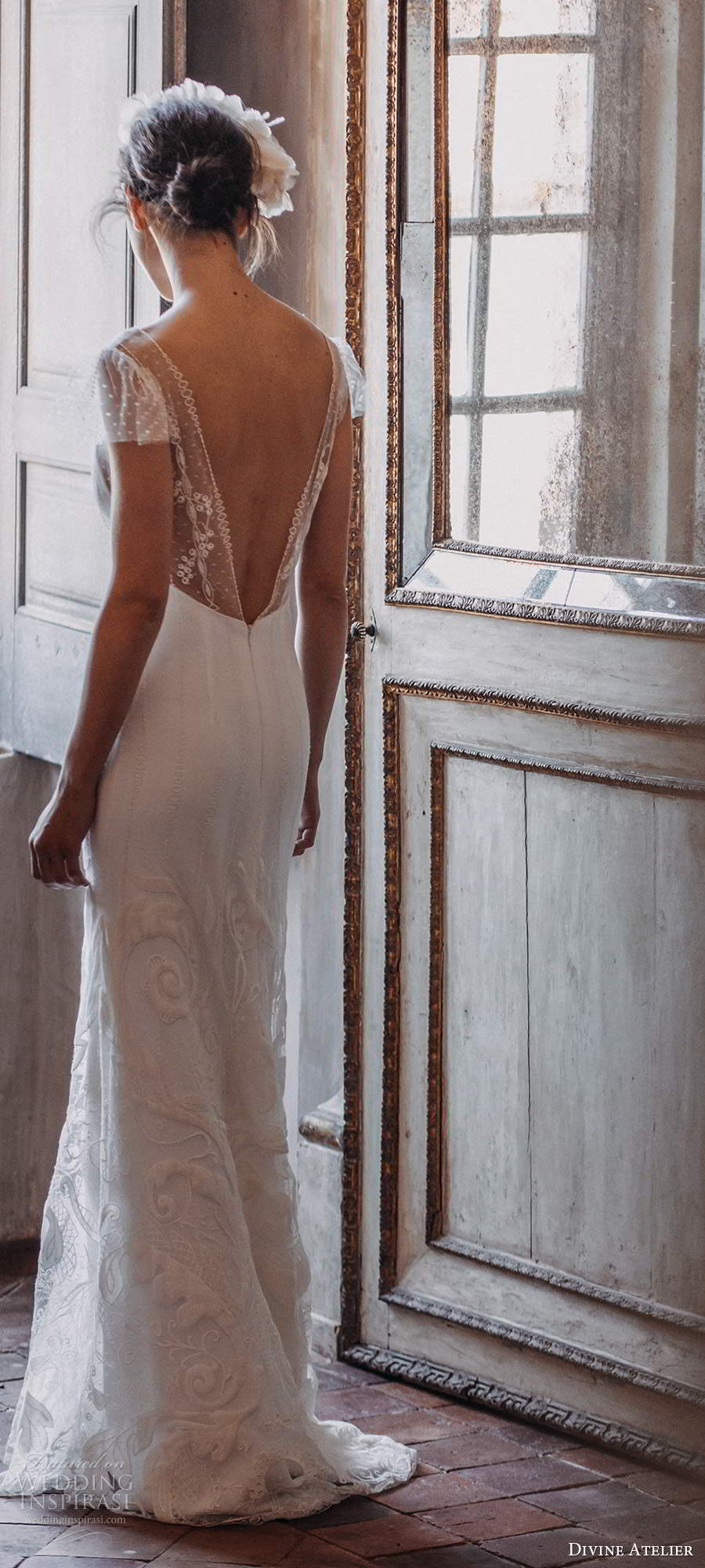 divine atelier 2020 bridal illusion flutter sleeves sheer v neckline sheath trumpet wedding dress low v back chapel train (16) bv