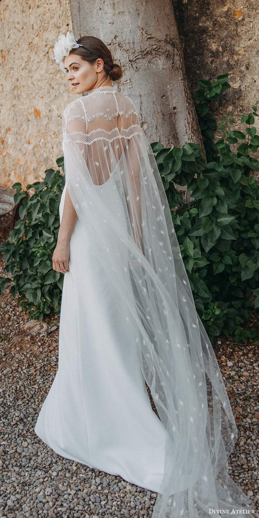 divine atelier 2020 bridal sleeveless thin straps sweetheart neckline sheath wedding dress low back chapel train sheer cape (10) bv