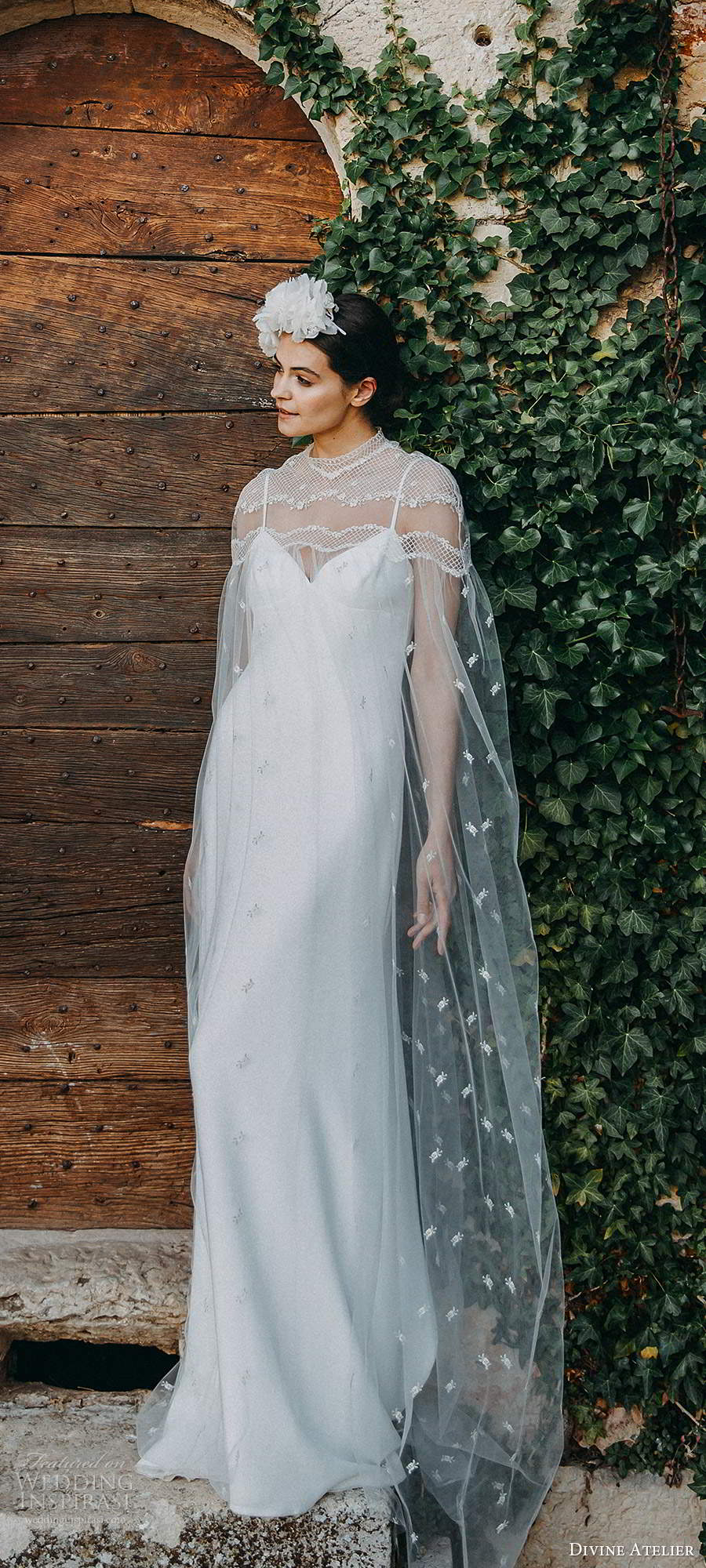 divine atelier 2020 bridal sleeveless thin straps sweetheart neckline sheath wedding dress low back chapel train sheer cape (10) mv