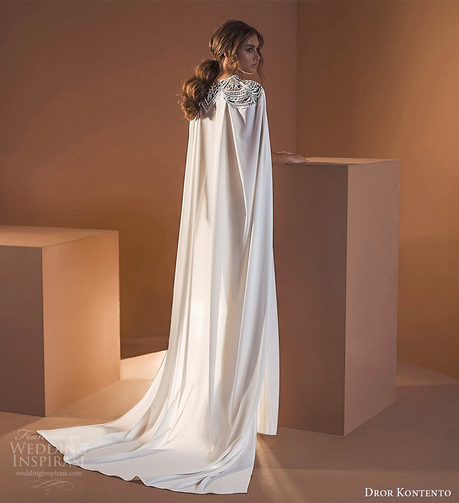 dror kontento 2020 bridal long cape sleeves high neckline embellished lace sheer bodice column sheath wedding dress with cape slit skirt chapel train (6) bv dror kontento 2020 bridal long cape sleeves high neckline embellished lace sheer bodice column sheath wedding dress with cape slit skirt chapel train (6) bv