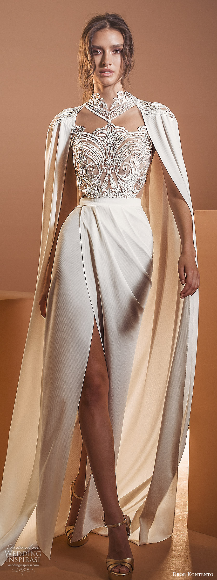 dror kontento 2020 bridal long cape sleeves high neckline embellished lace sheer bodice column sheath wedding dress with cape slit skirt chapel train (6) lv dror kontento 2020 bridal long cape sleeves high neckline embellished lace sheer bodice column sheath wedding dress with cape slit skirt chapel train (6) lv