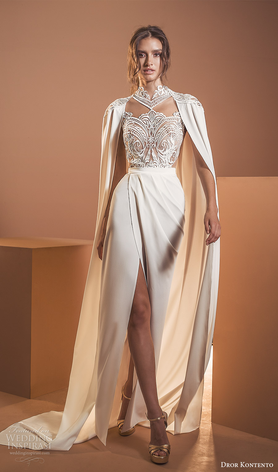 dror kontento 2020 bridal long cape sleeves high neckline embellished lace sheer bodice column sheath wedding dress with cape slit skirt chapel train (6) mv dror kontento 2020 bridal long cape sleeves high neckline embellished lace sheer bodice column sheath wedding dress with cape slit skirt chapel train (6) mv