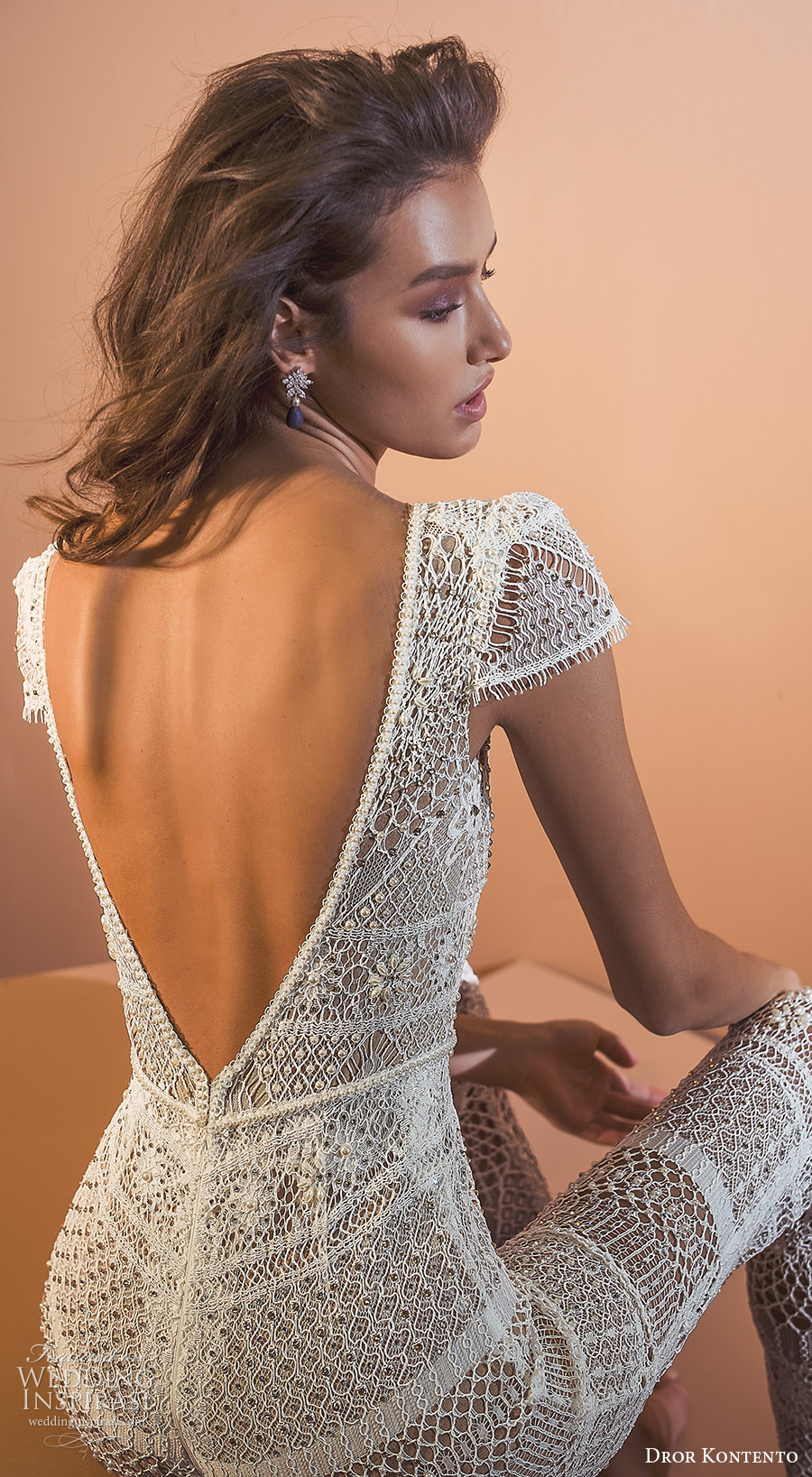 dror kontento 2020 bridal short sleeve plunging v neckling fully embellished lace pant jumpsuit wedding dress v back (4) zbv