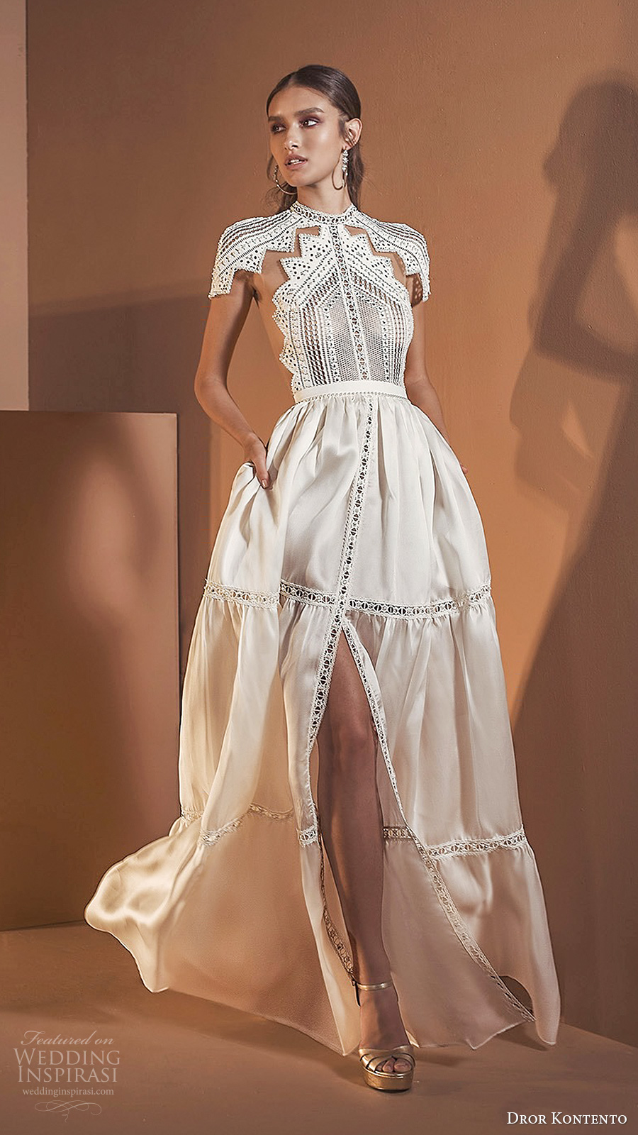 dror kontento 2020 bridal short sleeves high neckline embellish lace cutout bodice slit skirt modern a line ball gown wedding dress pockets sheer back (11) mv