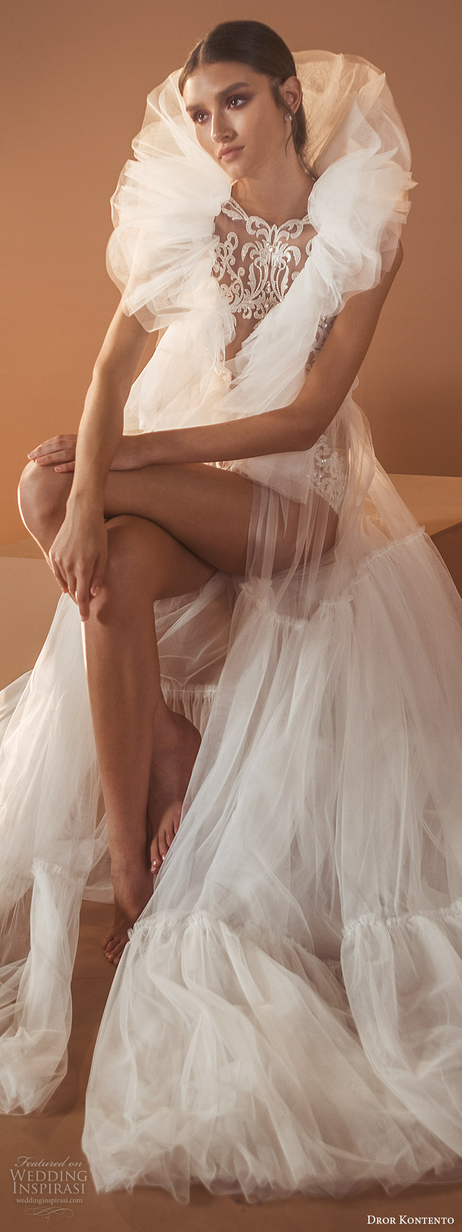 dror kontento 2020 bridal sleeveless high ruffle neckline sheer lace bodysuit a line skirt wedding dress (9) lv