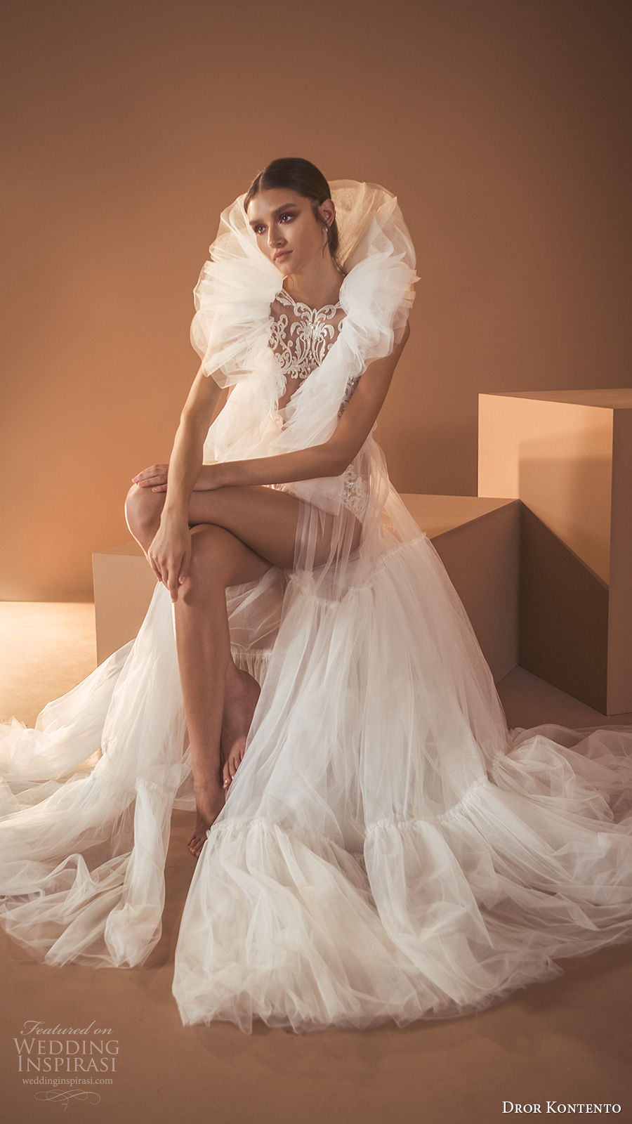 dror kontento 2020 bridal sleeveless high ruffle neckline sheer lace bodysuit a line skirt wedding dress (9) mv
