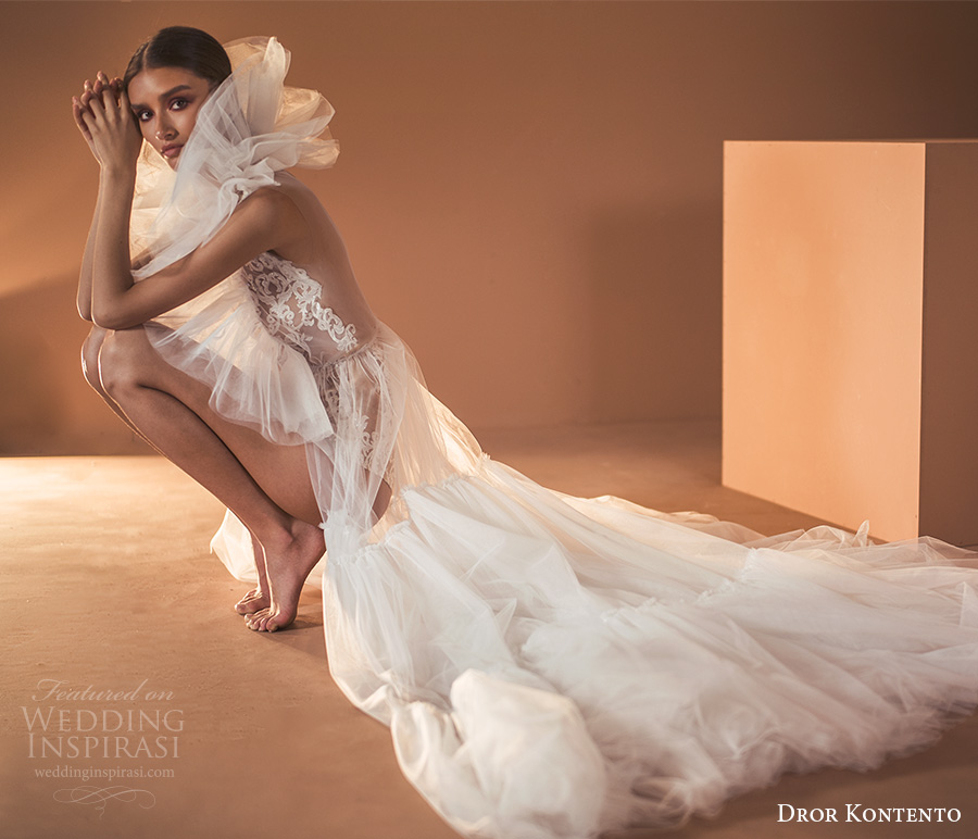 dror kontento 2020 bridal sleeveless high ruffle neckline sheer lace bodysuit a line skirt wedding dress (9) sv