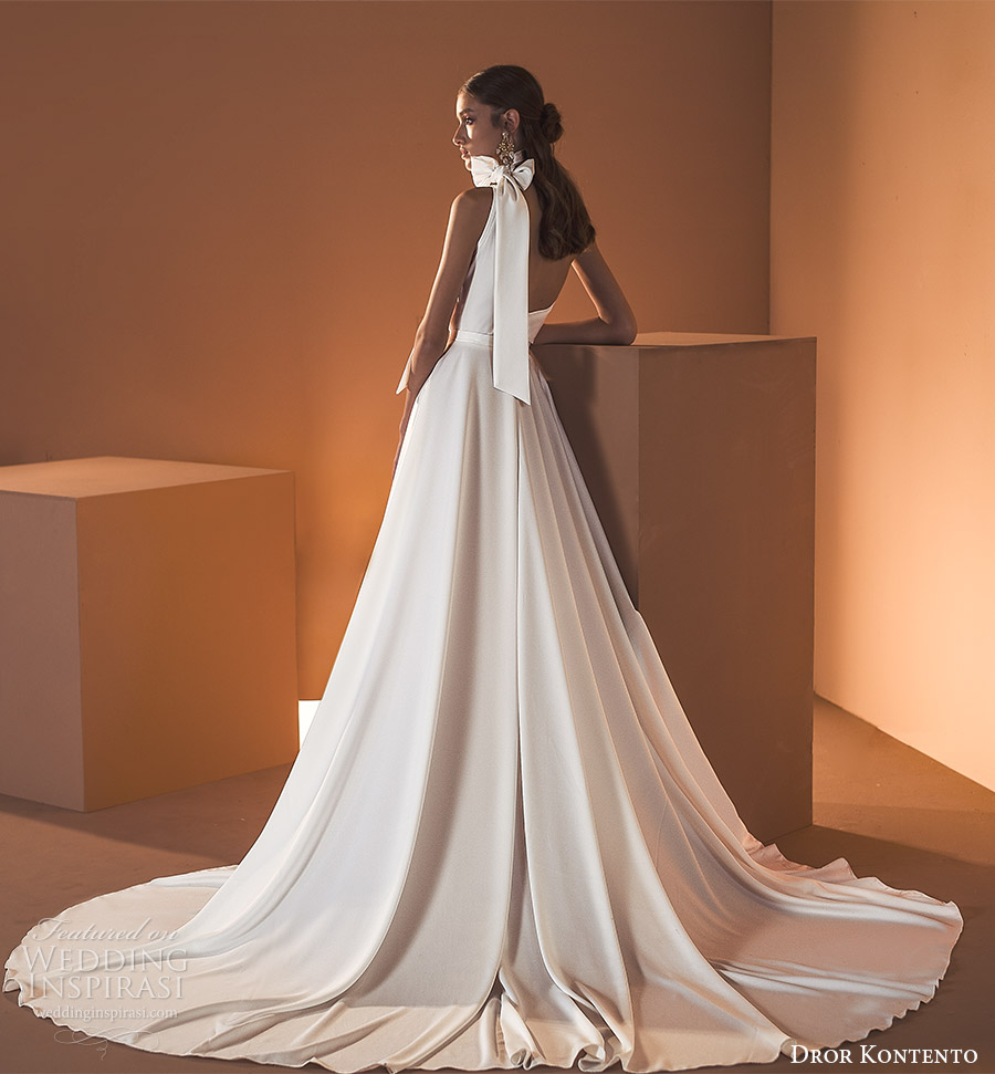 dror kontento 2020 bridal sleeveless one shoulder high neckline asymmetric bodice glam a line wedding dress slit skirt chapel train (7) bv