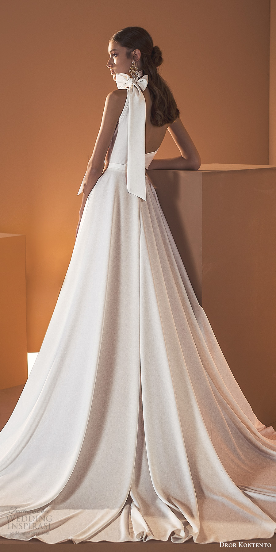 dror kontento 2020 bridal sleeveless one shoulder high neckline asymmetric bodice glam a line wedding dress slit skirt chapel train (7) zbv