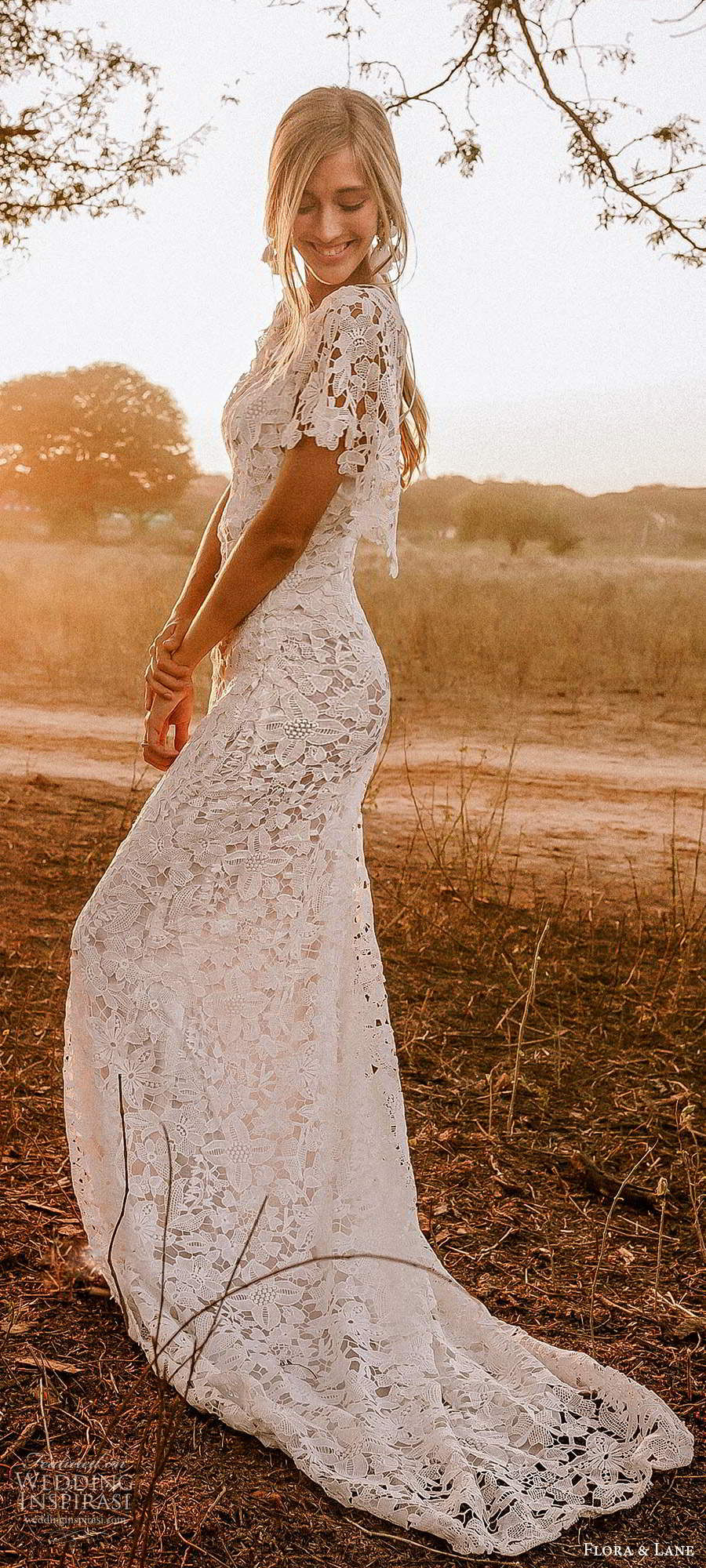 flora and lane 2019 bridal flutter sleeves scoop neckline fully embellished lace sheath romantic boho wedding dress scoop back chapel train (4) sv