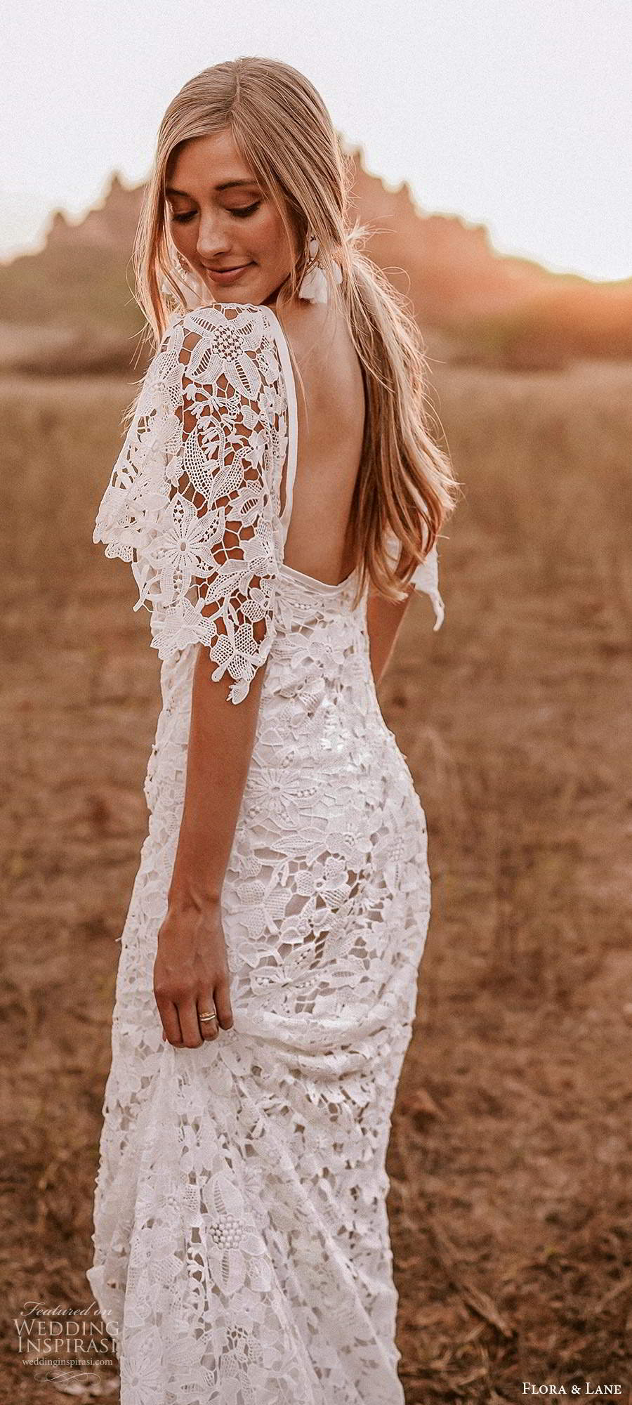 flora and lane 2019 bridal flutter sleeves scoop neckline fully embellished lace sheath romantic boho wedding dress scoop back chapel train (4) zbv