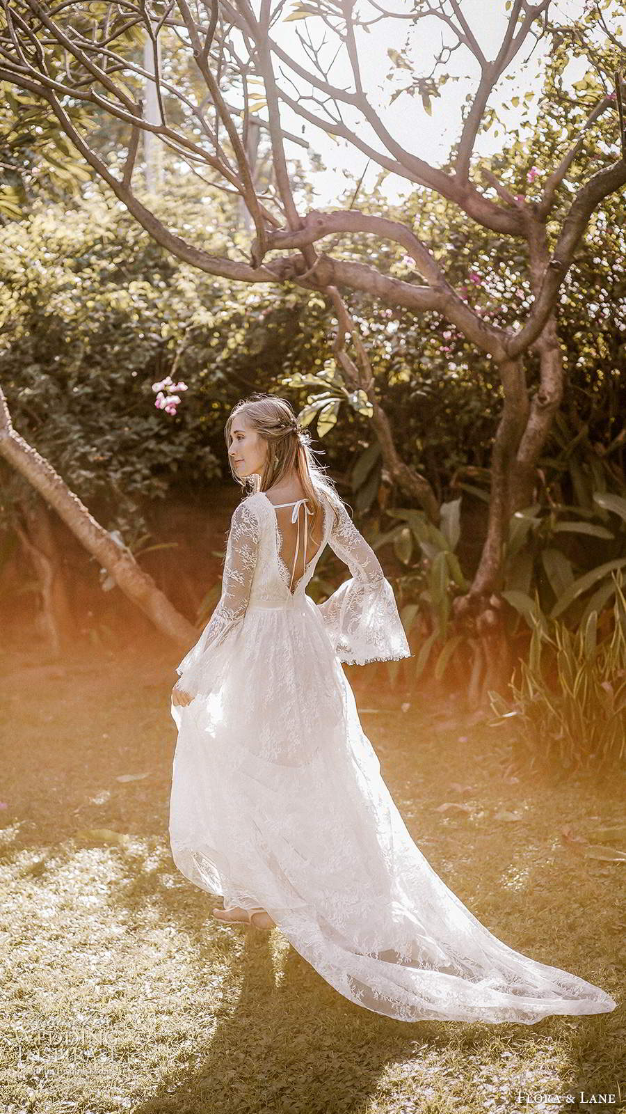 flora and lane 2019 bridal long flare sleeves v neckline fully embellished lace boho romantic a line wedding dress v back chapel train (3) bv