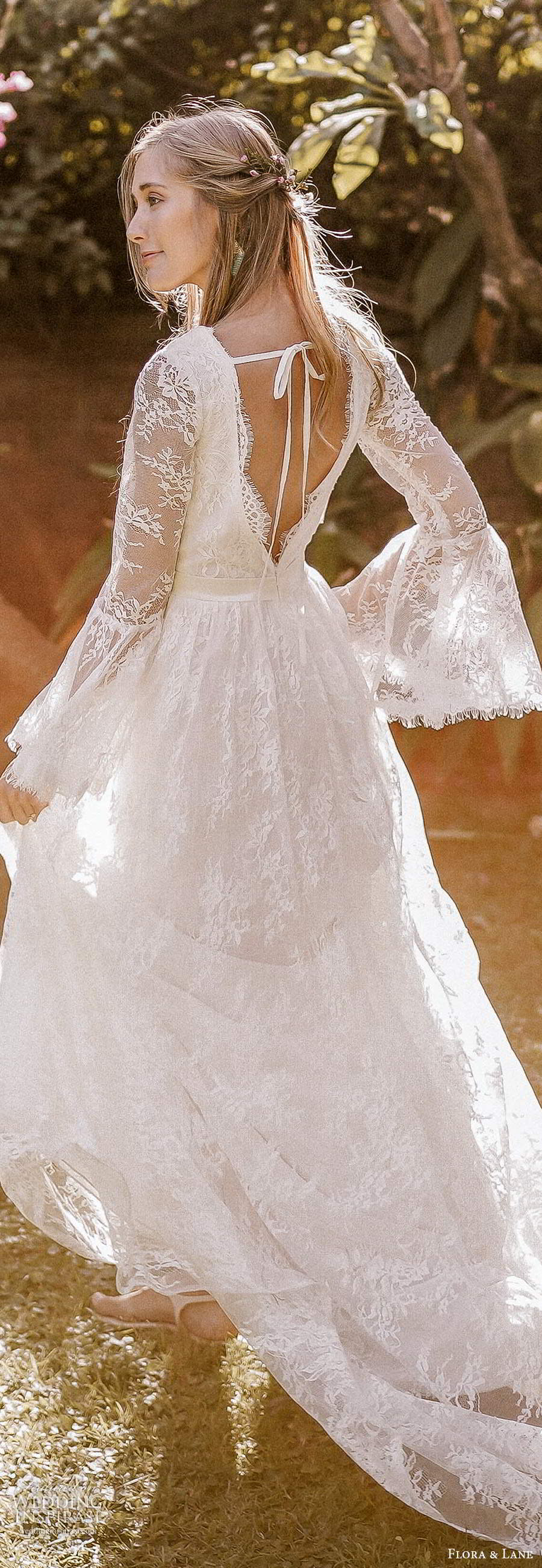 flora and lane 2019 bridal long flare sleeves v neckline fully embellished lace boho romantic a line wedding dress v back chapel train (3) lv flora and lane 2019 bridal long flare sleeves v neckline fully embellished lace boho romantic a line wedding dress v back chapel train (3) lv