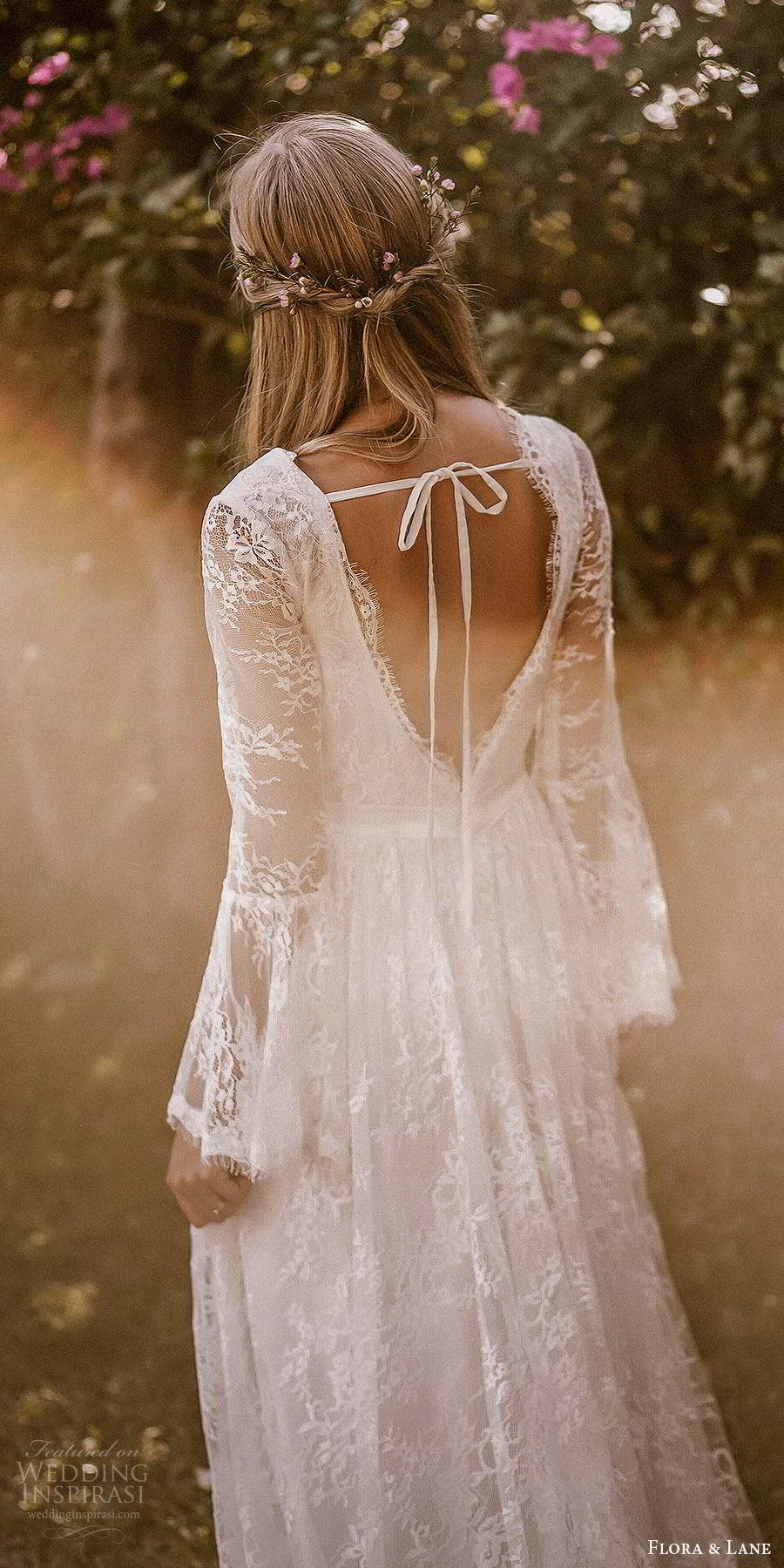 flora and lane 2019 bridal long flare sleeves v neckline fully embellished lace boho romantic a line wedding dress v back chapel train (3) zbv