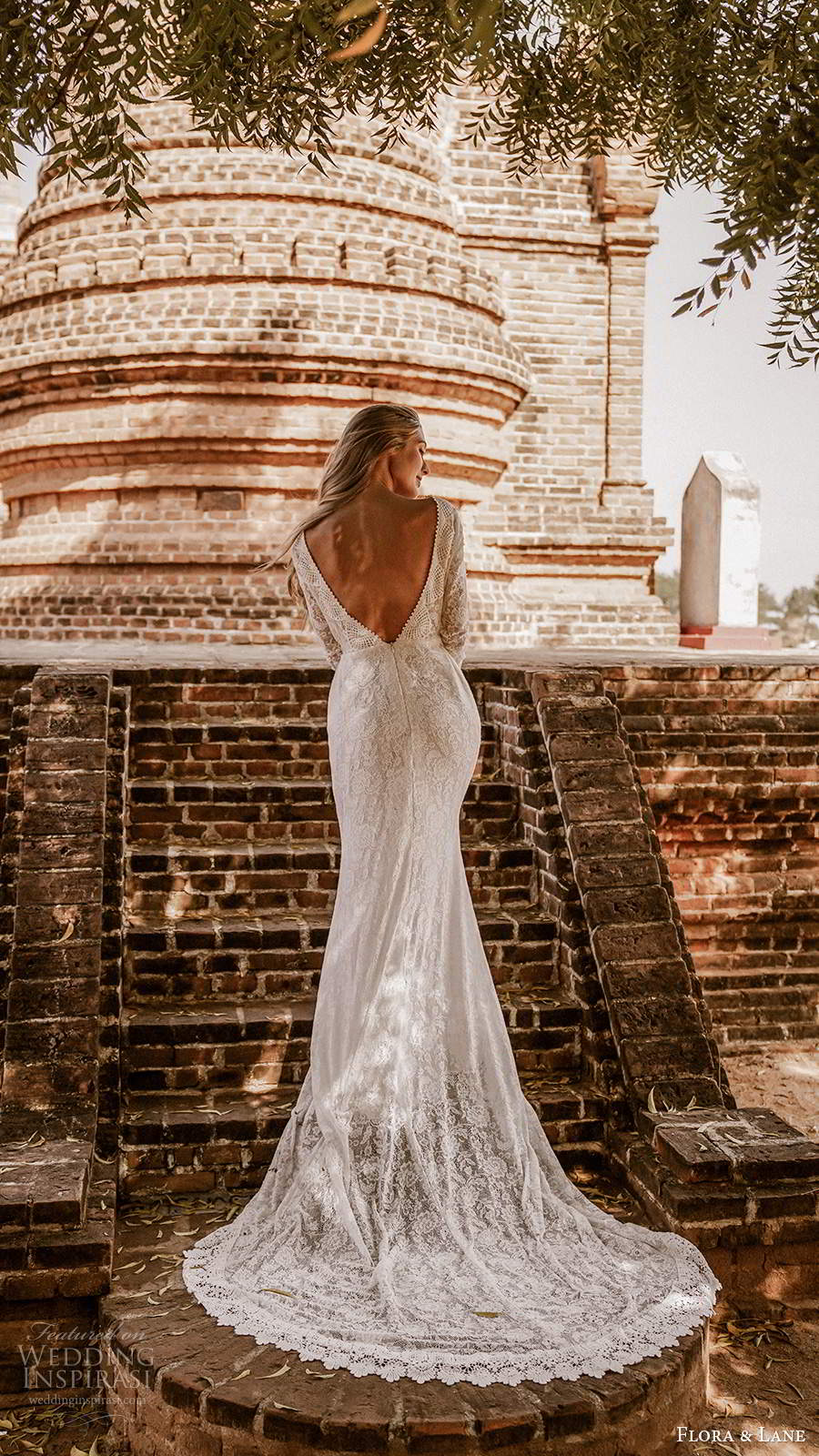 flora and lane 2019 bridal long sleeves bateau neckline fully embellished lace boho romantic mermaid sheath wedding dress v back chapel train (5) bv