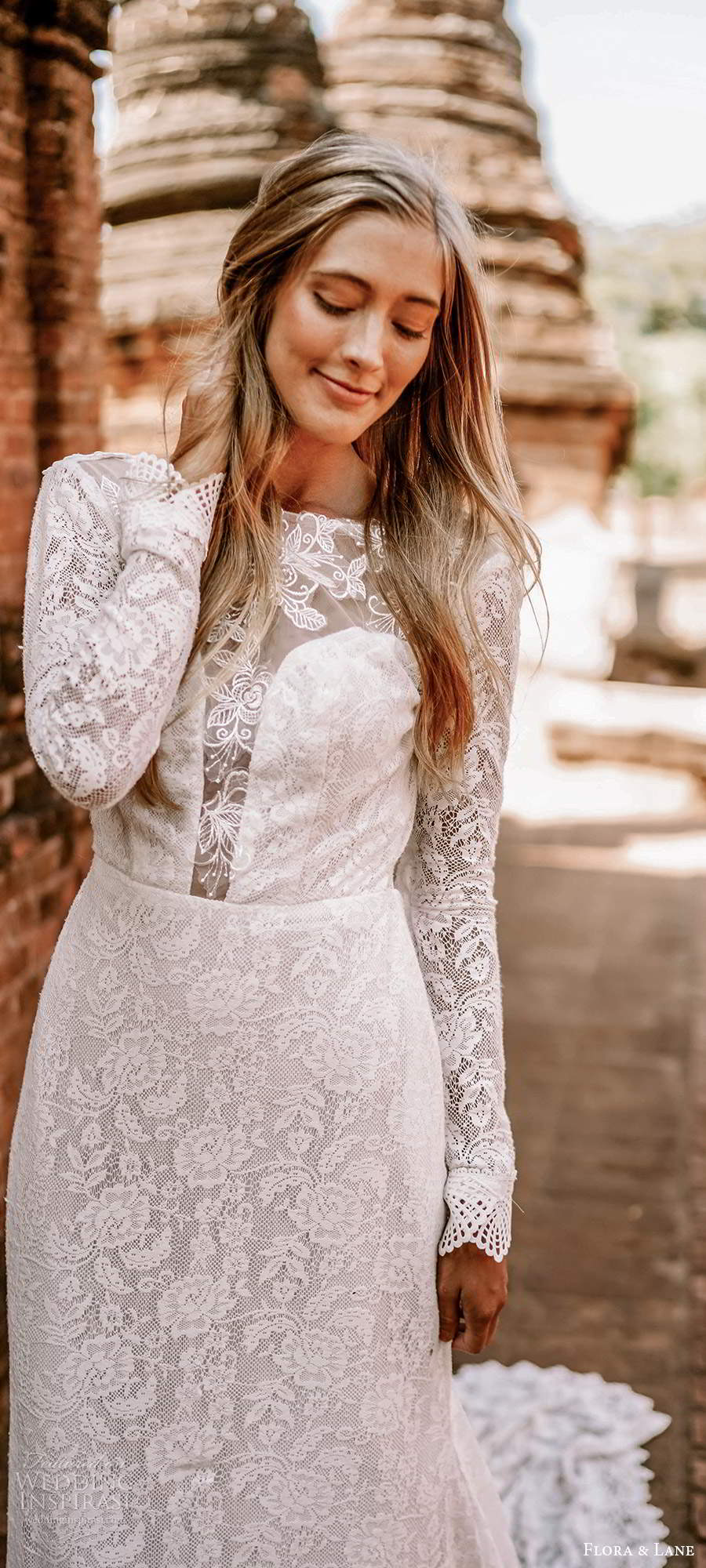 flora and lane 2019 bridal long sleeves bateau neckline fully embellished lace boho romantic mermaid sheath wedding dress v back chapel train (5) mv